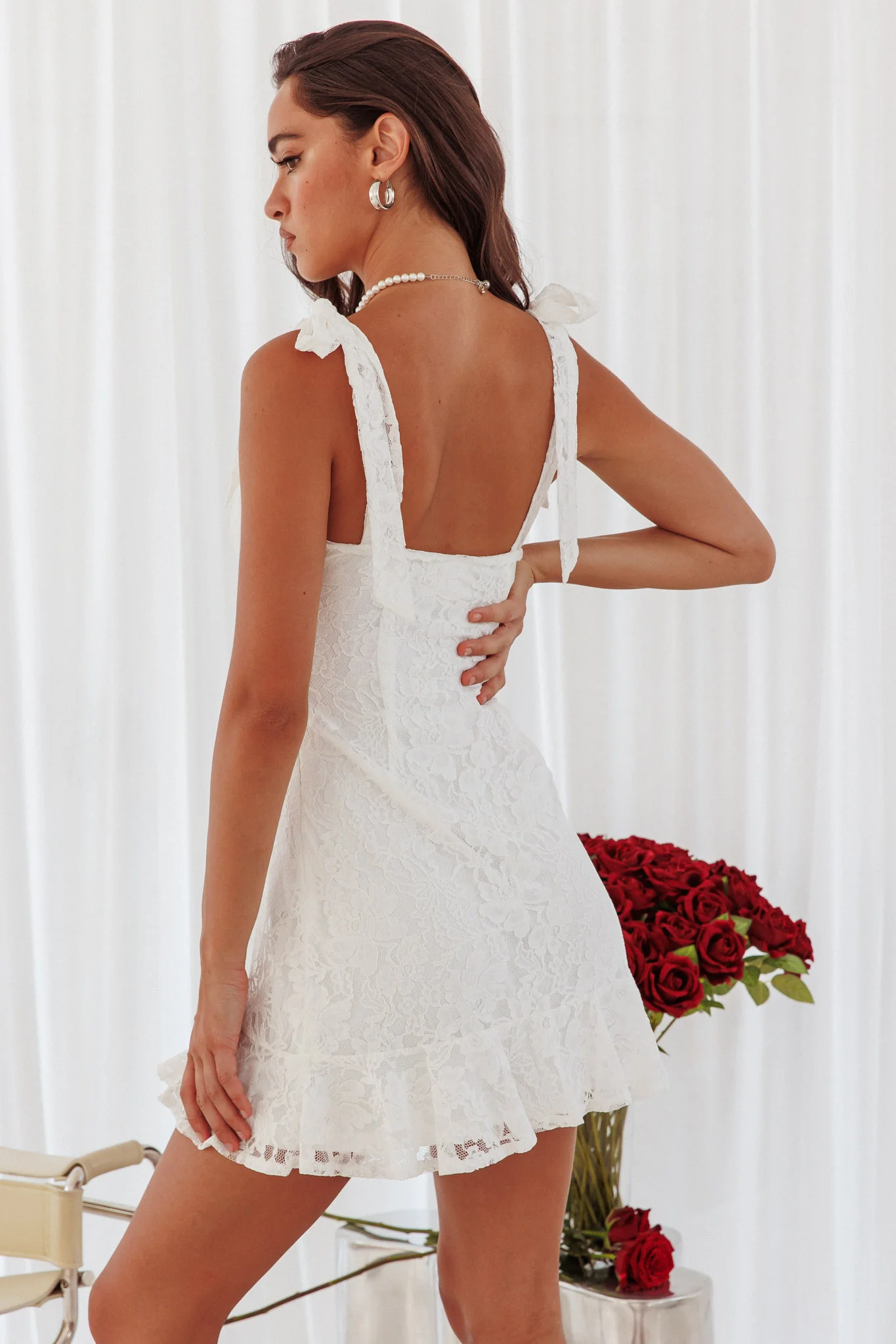 Emine Bow Shoulder Lace Mini Dress White - Seraphlike