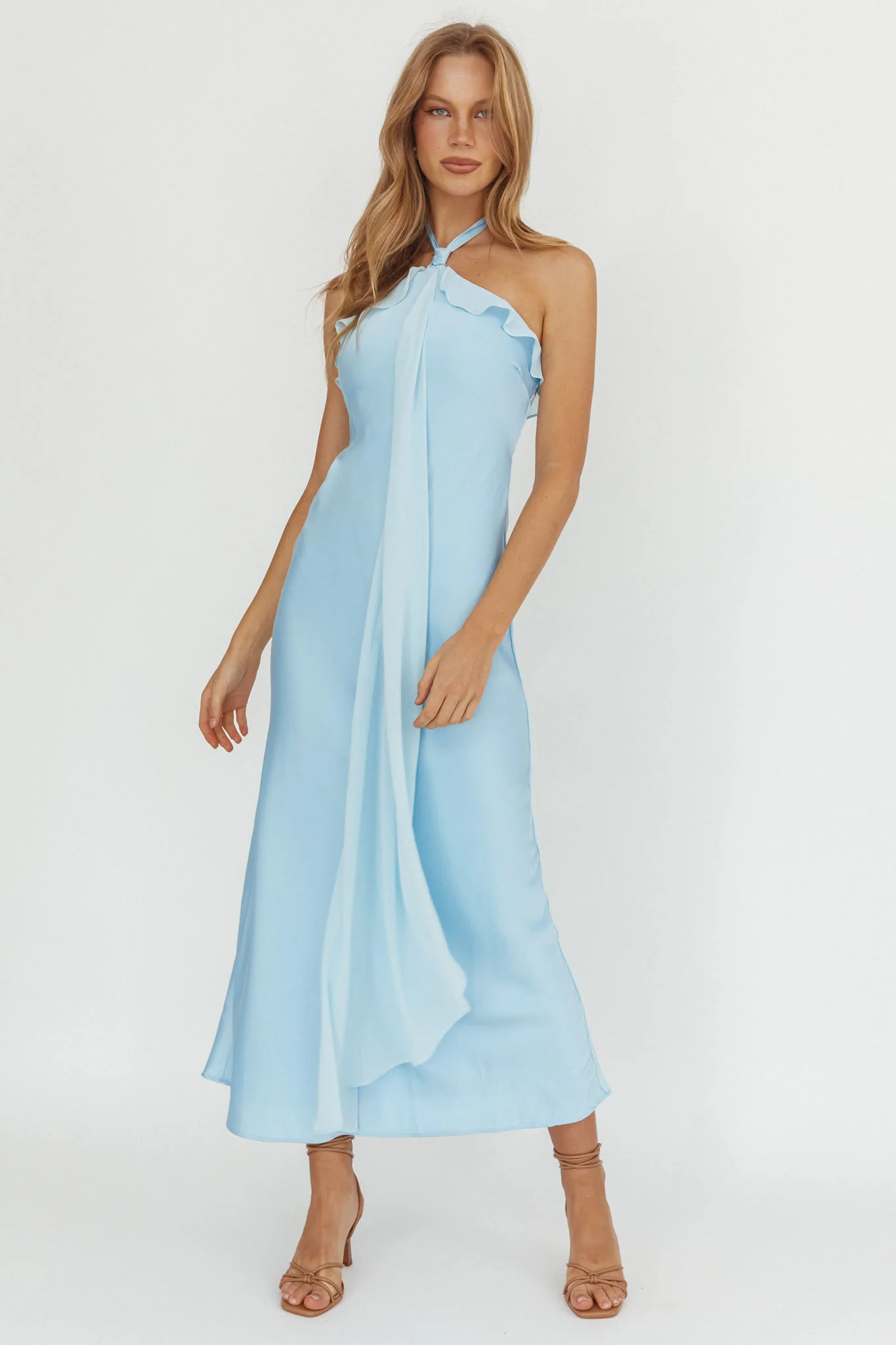 Starlet Halterneck Sash Maxi Dress Baby Blue - Seraphlike