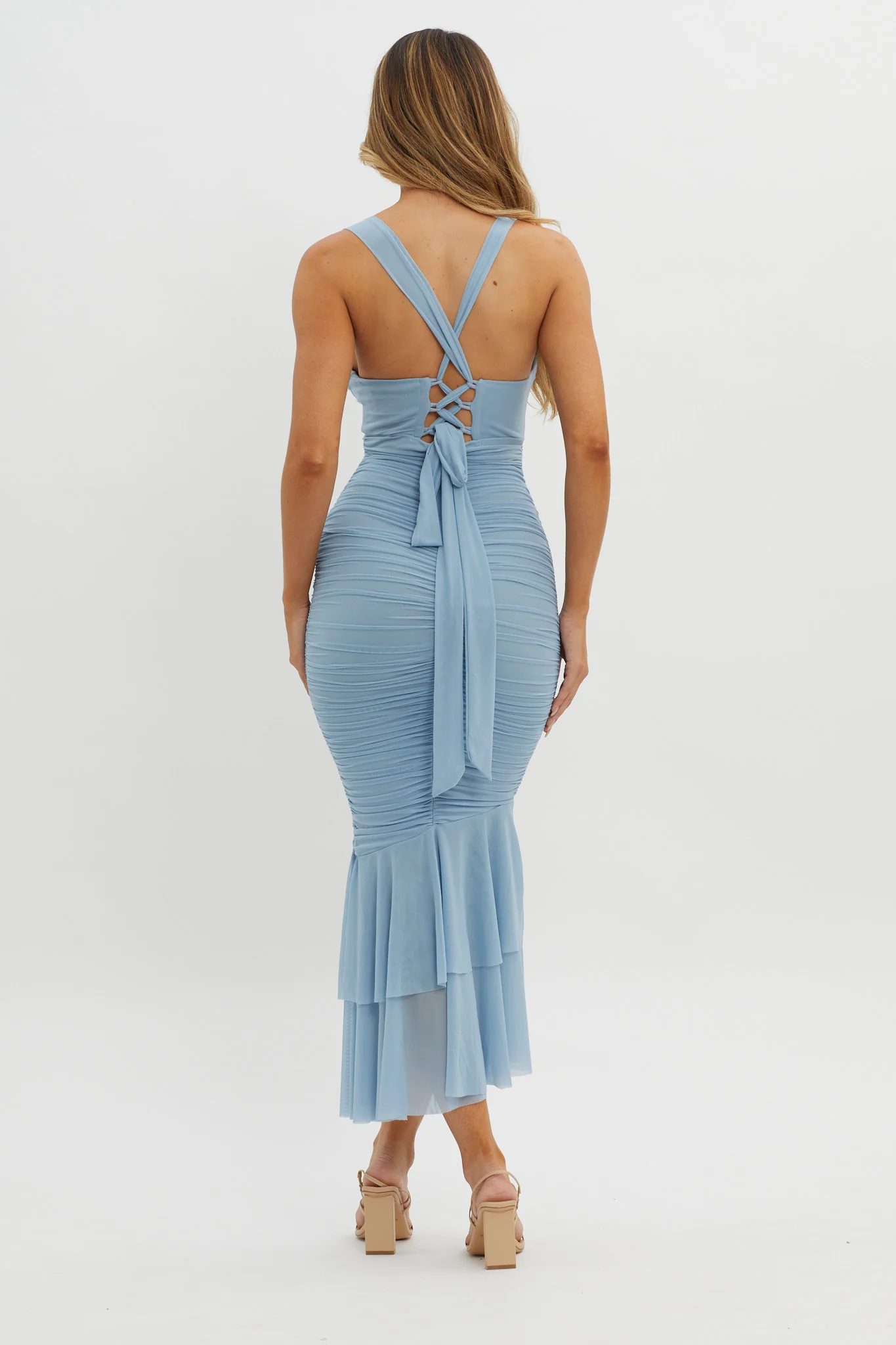 Surreal Lace-Up Back Ruched Midi Dress Blue - Seraphlike
