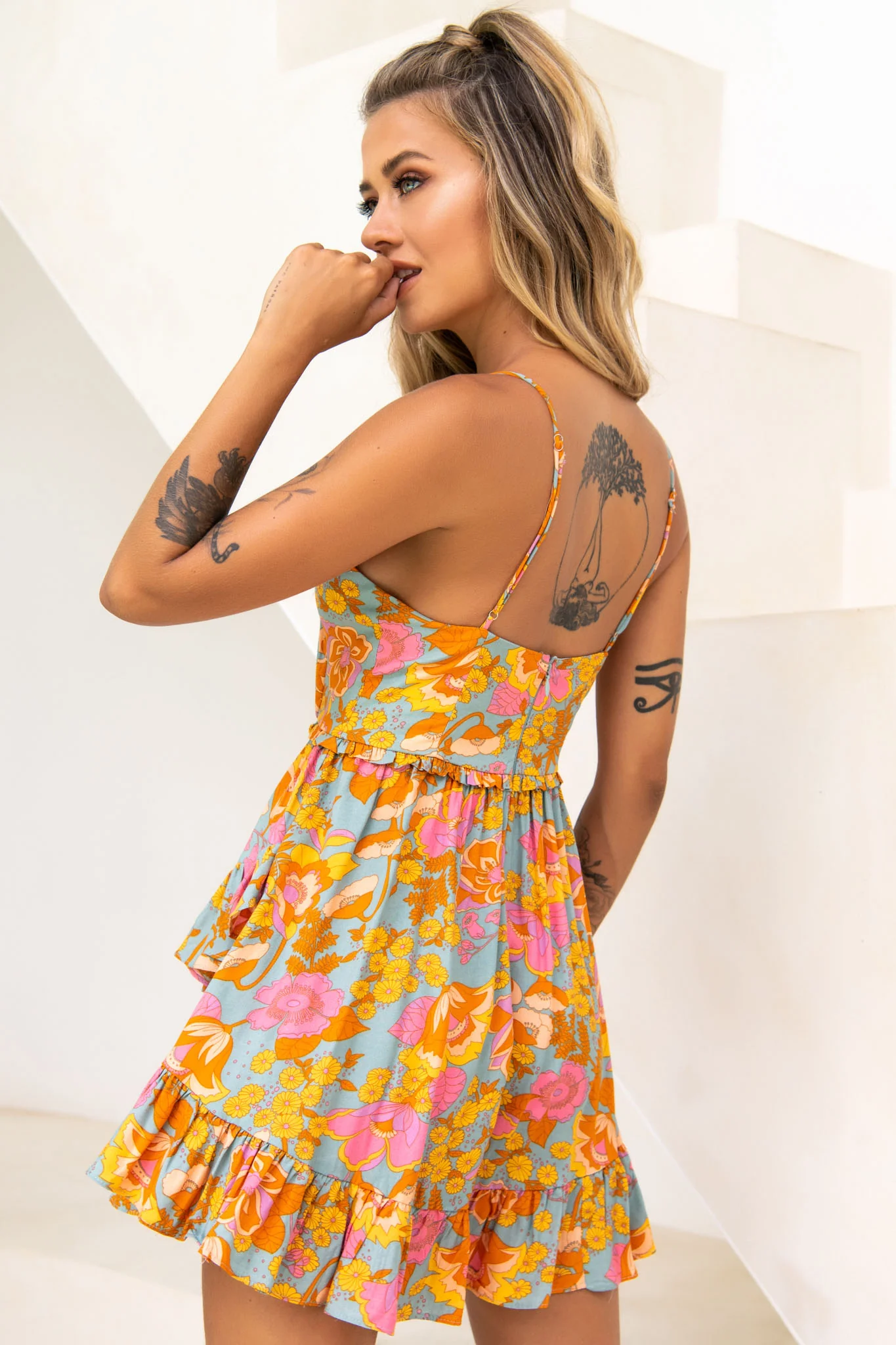 Geordie Ruched Bust Frill Trim Dress Floral Print Aqua Multi - Seraphlike