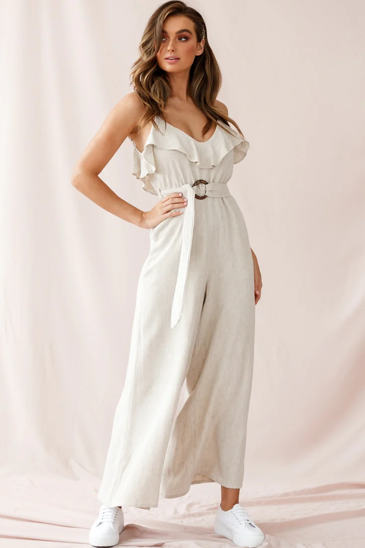 Mason Ruffle Neckline Wooden Buckle Belt Jumpsuit Natural - Seraphlike