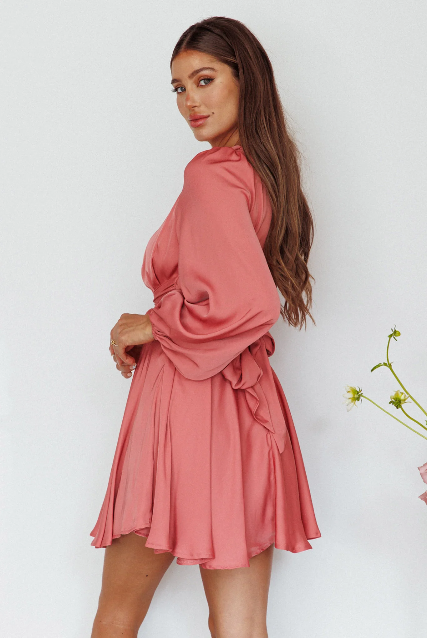 Leia Long Sleeve Waist Tie Mini Dress Rose - Seraphlike