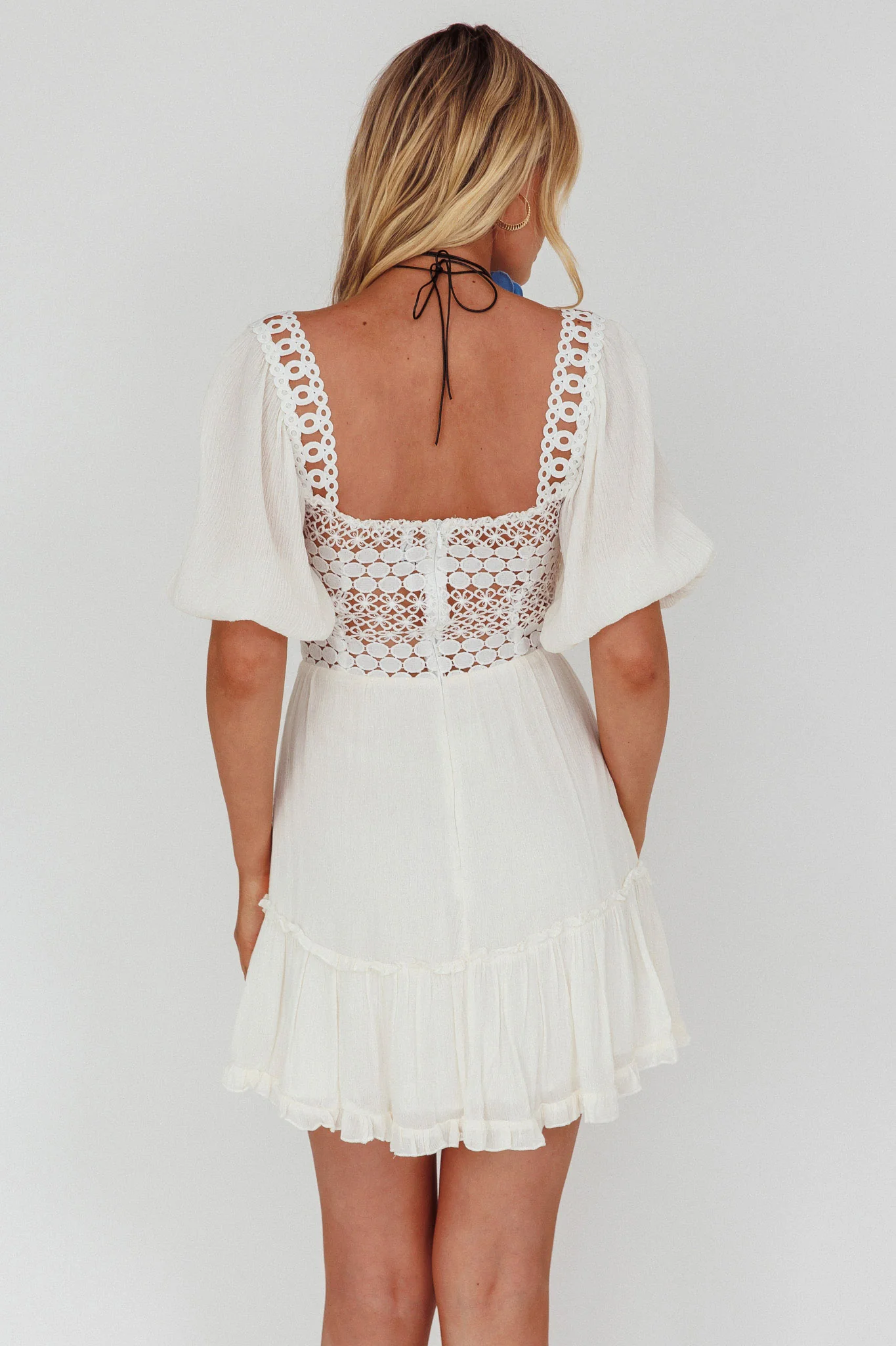 Golden Hour Lace-Up Front Crochet Dress White - Seraphlike