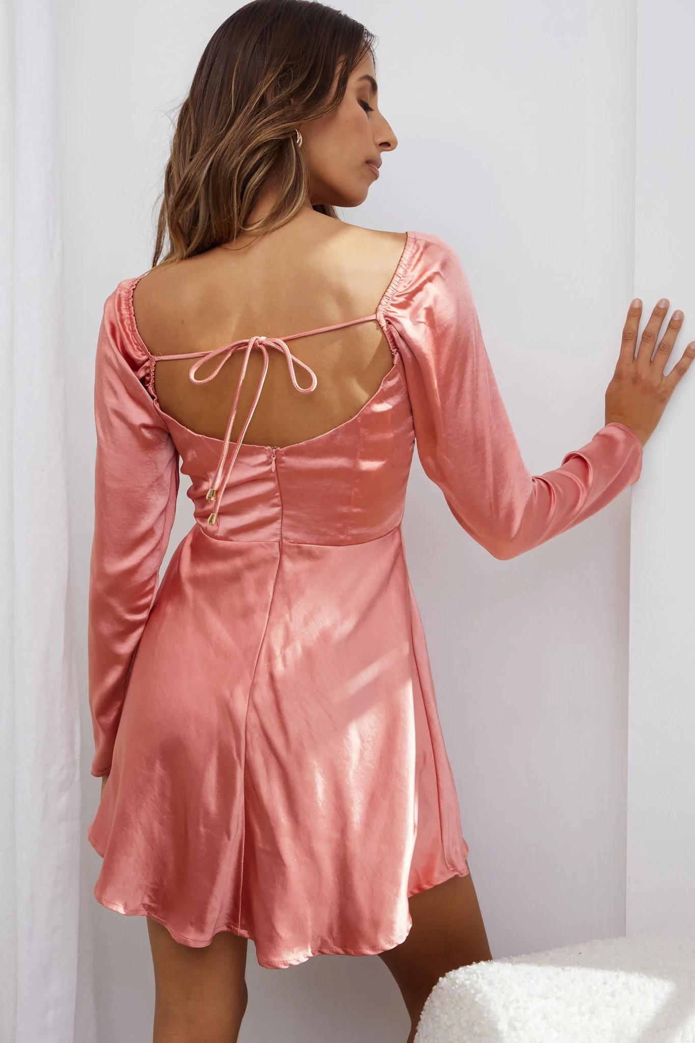 Freja Long Sleeve Cowl Neck Satin Mini Dress Rose - Seraphlike