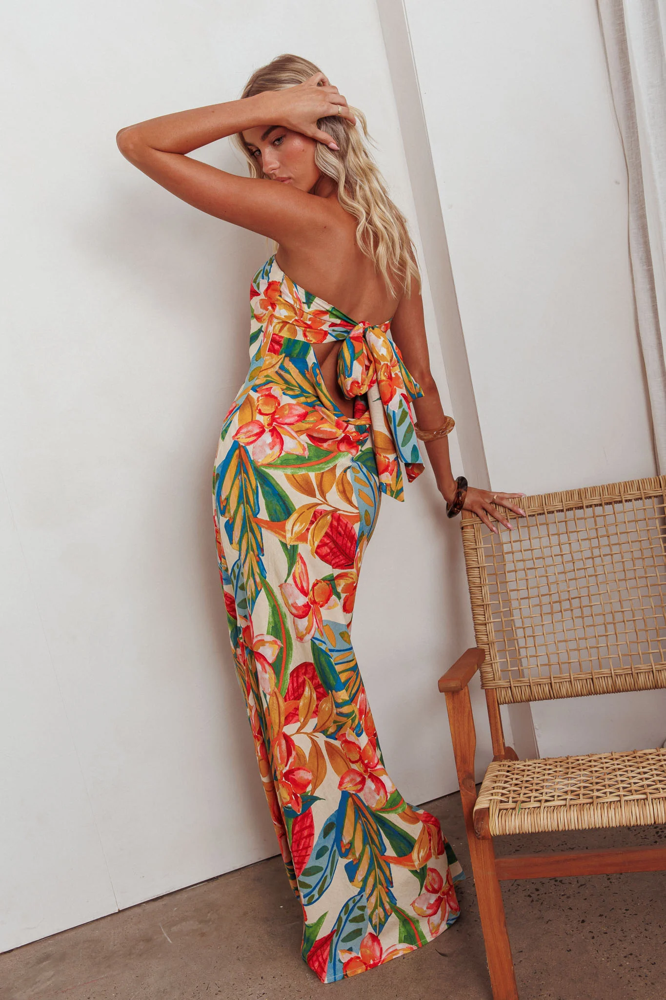 Bird Of Paradise Tied Cowl Back Maxi Dress Botanical - Seraphlike