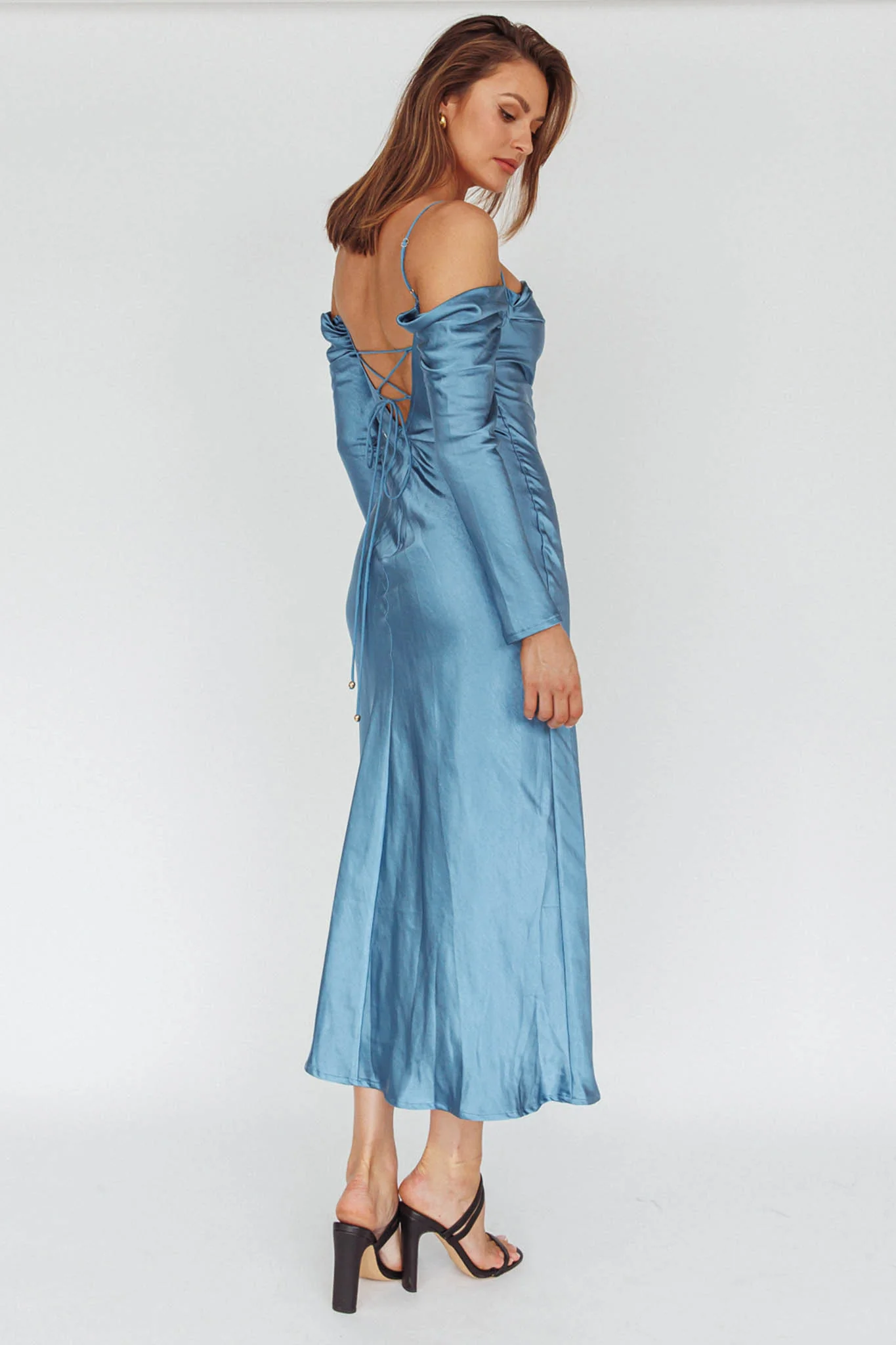 Ellory Long Sleeve Off-Shoulder Dress Blue - Seraphlike