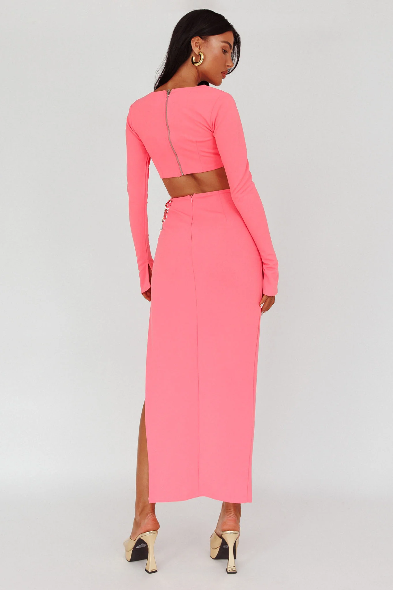 Sigournie Long Sleeve Chain Midi Dress Pink - Seraphlike