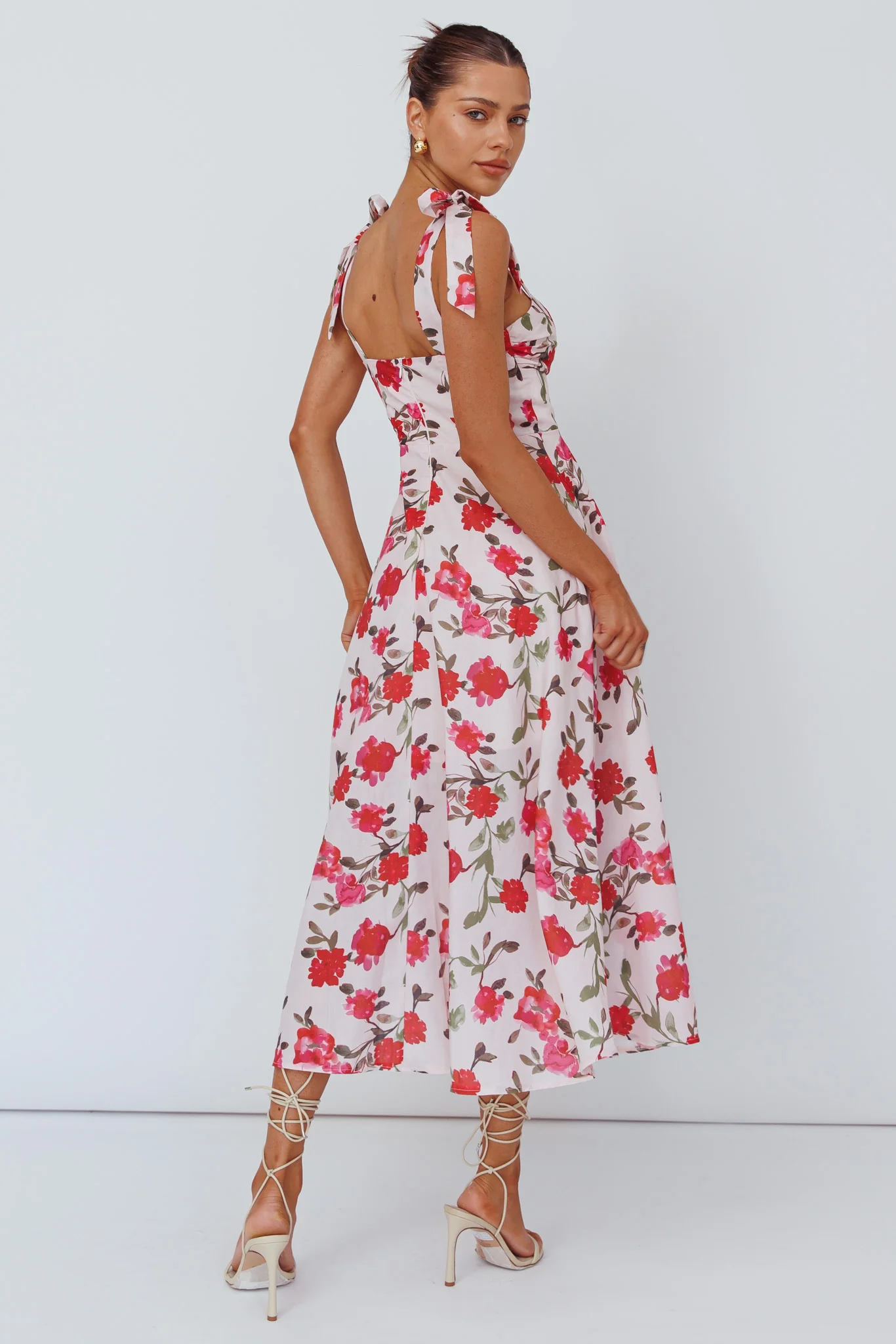 Sweet Pea Tied Bust Midi Dress Flower Pink - Seraphlike