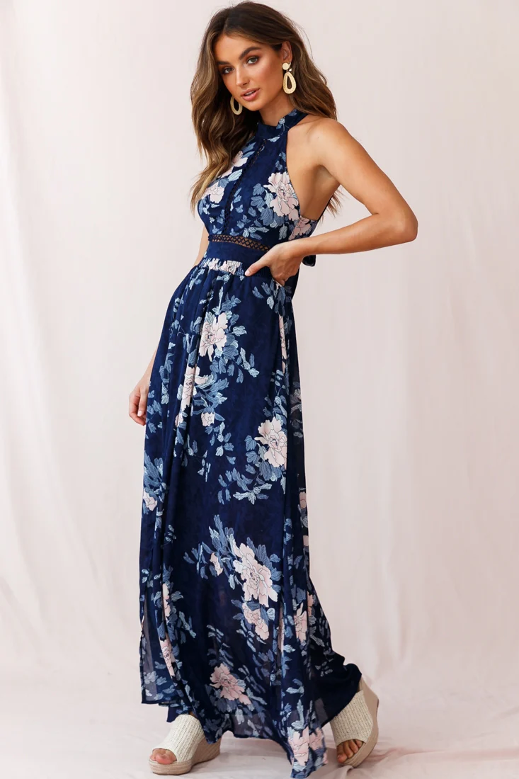Baylor Floral Halterneck Maxi Dress Navy - Seraphlike