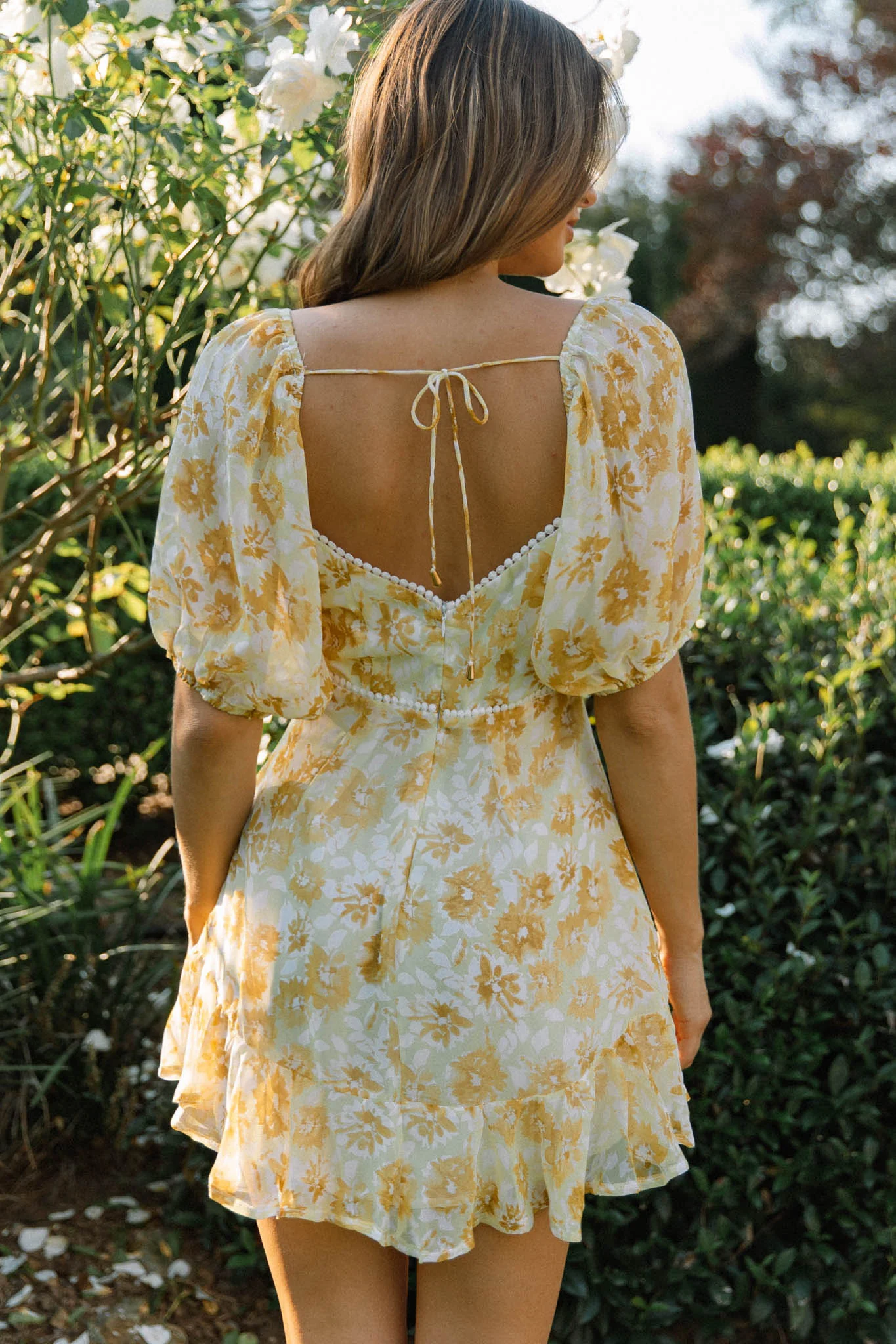 Catch Feelings Sweetheart Neckline Dot Trim Dress Floral Print Yellow - Seraphlike