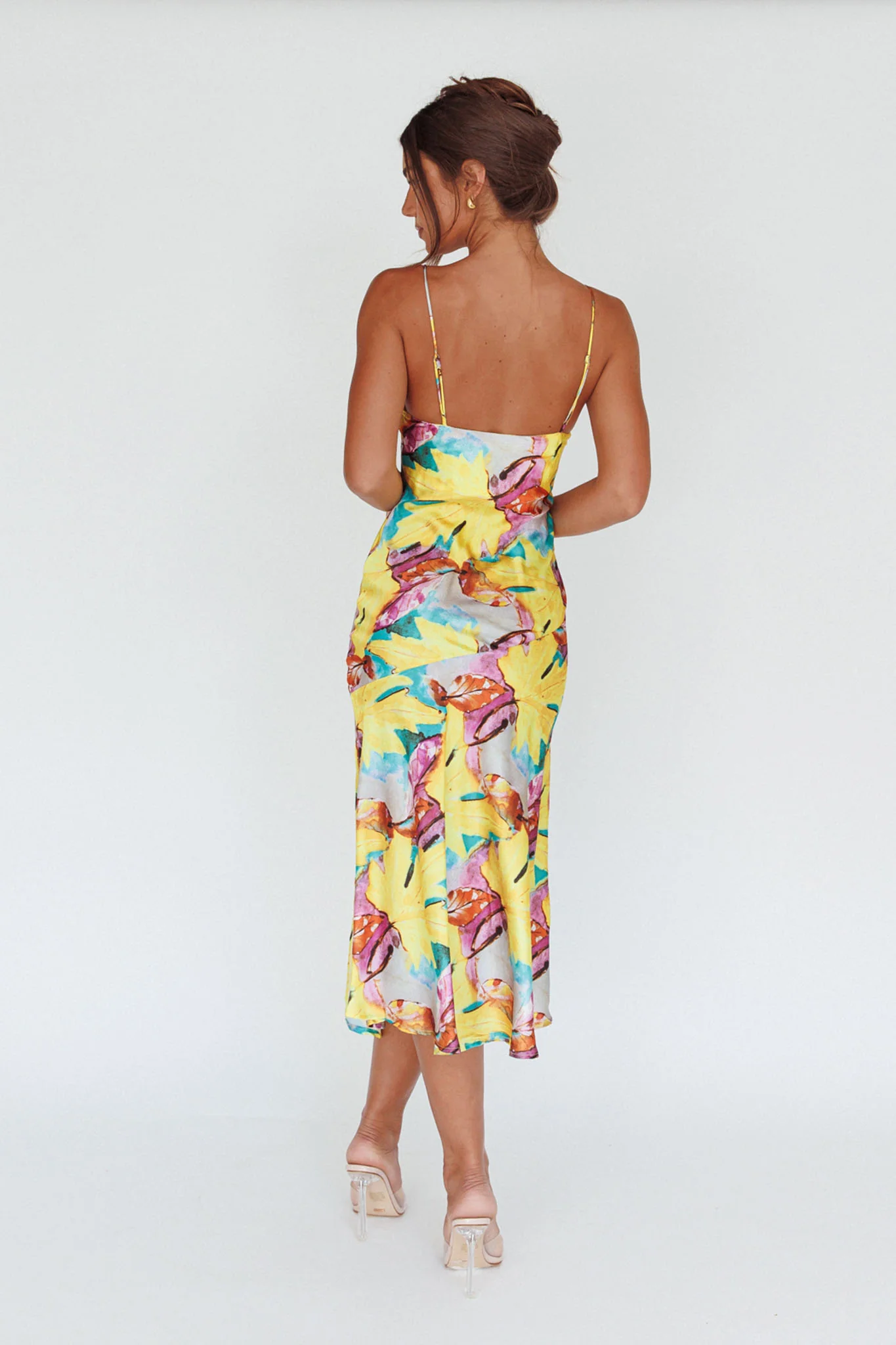 Well Versed Pleated Bust Front Split Dress Leaf Print Yellow - Seraphlike