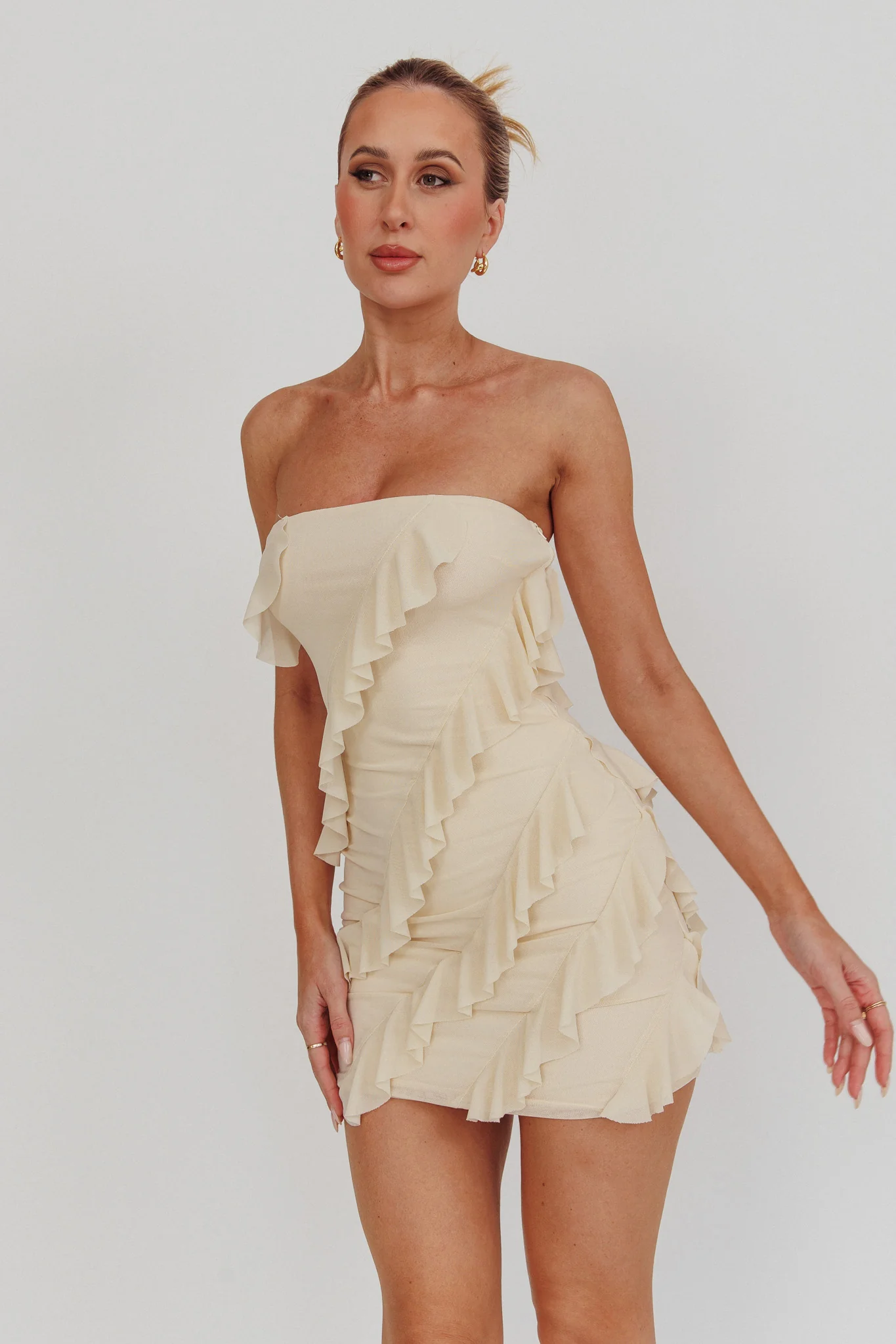 Gold Stars Strapless Ruffle Mini Dress Beige - Seraphlike