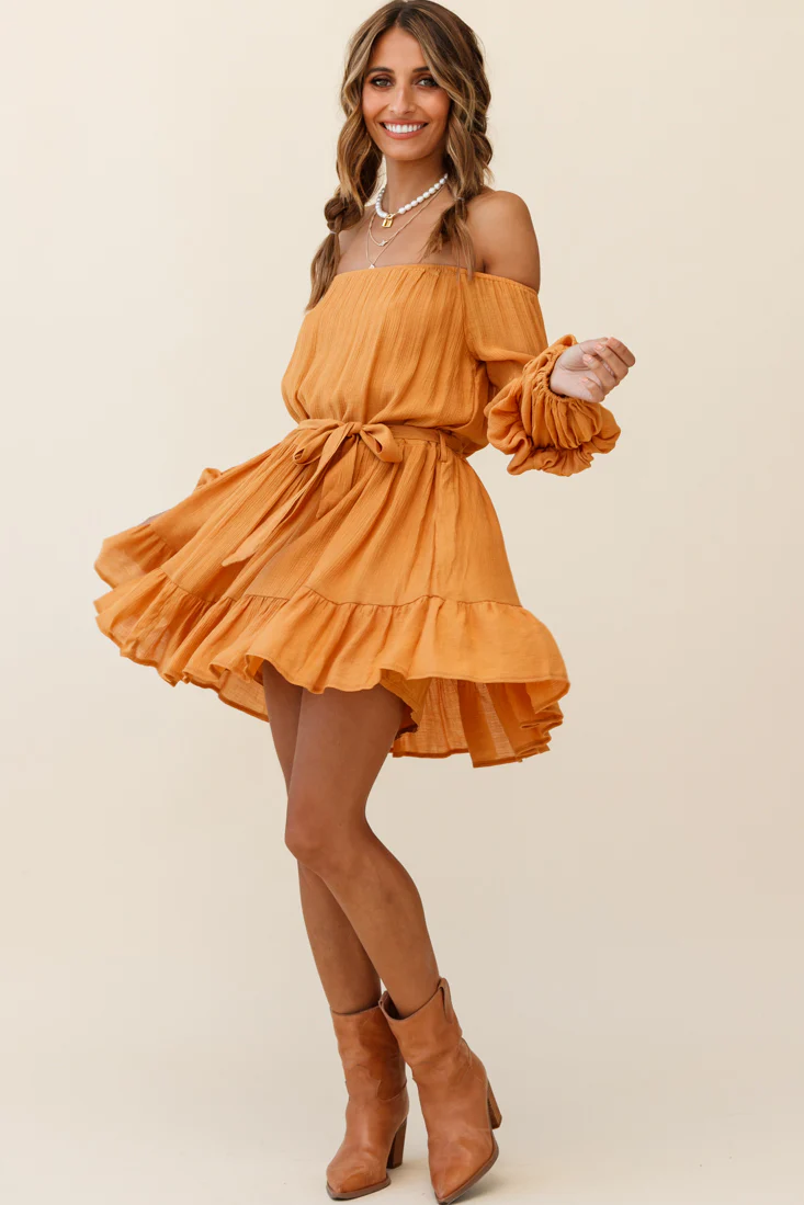 Frida Off-Shoulder Waist Tie Dress Tan - Seraphlike