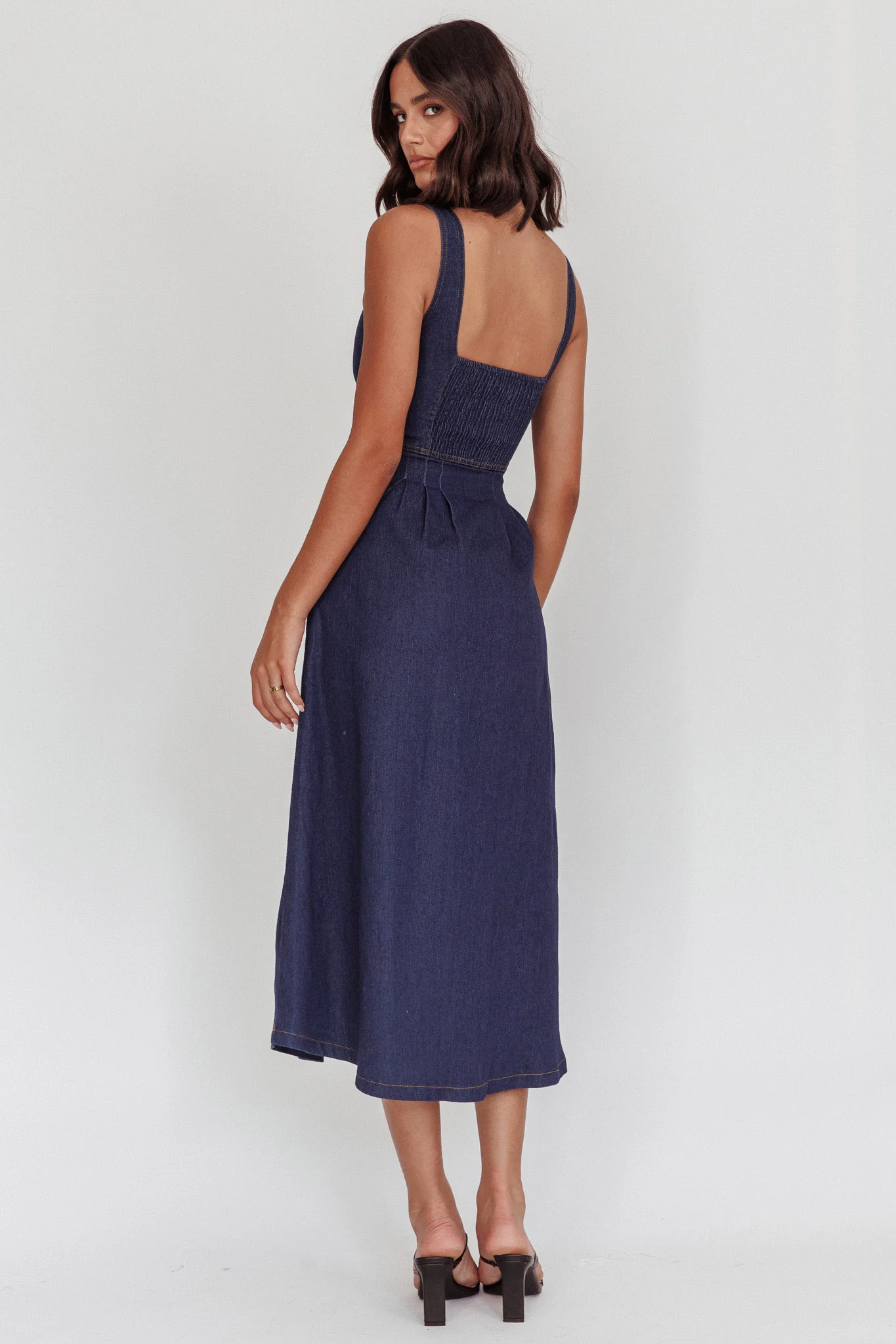 Pixie Dust Button Front Midi Dress Dark Denim - Seraphlike