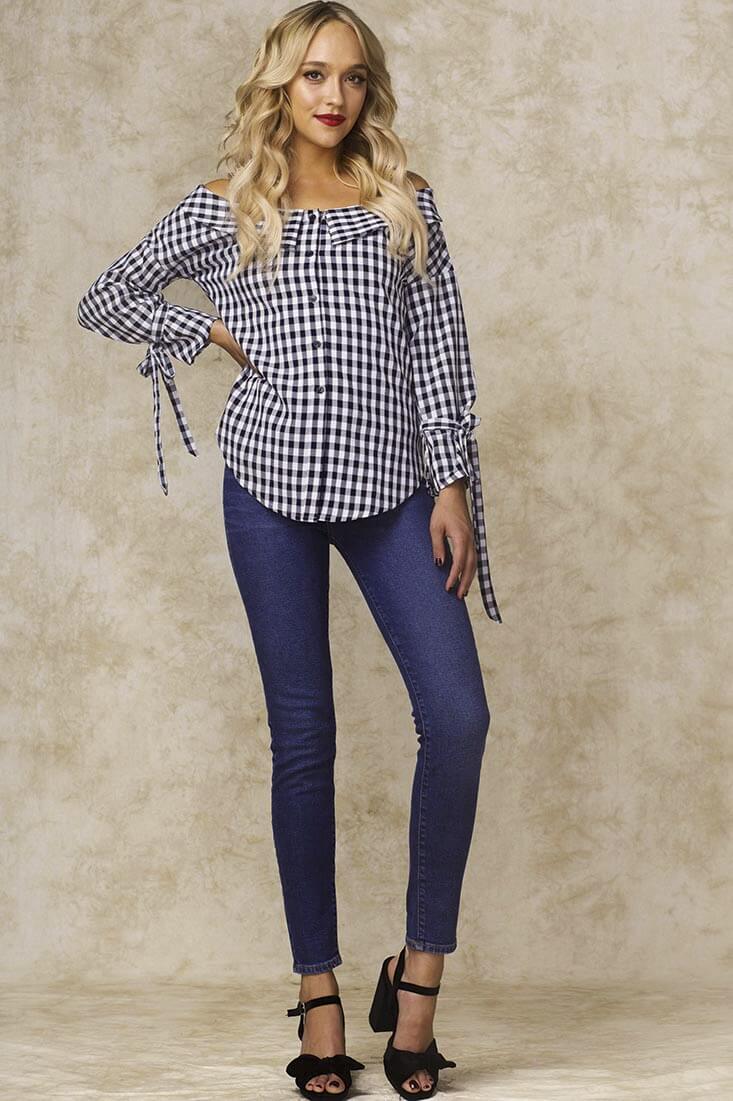 Clarke Off the Shoulder Checkered Dress Shirt Navy - Seraphlike