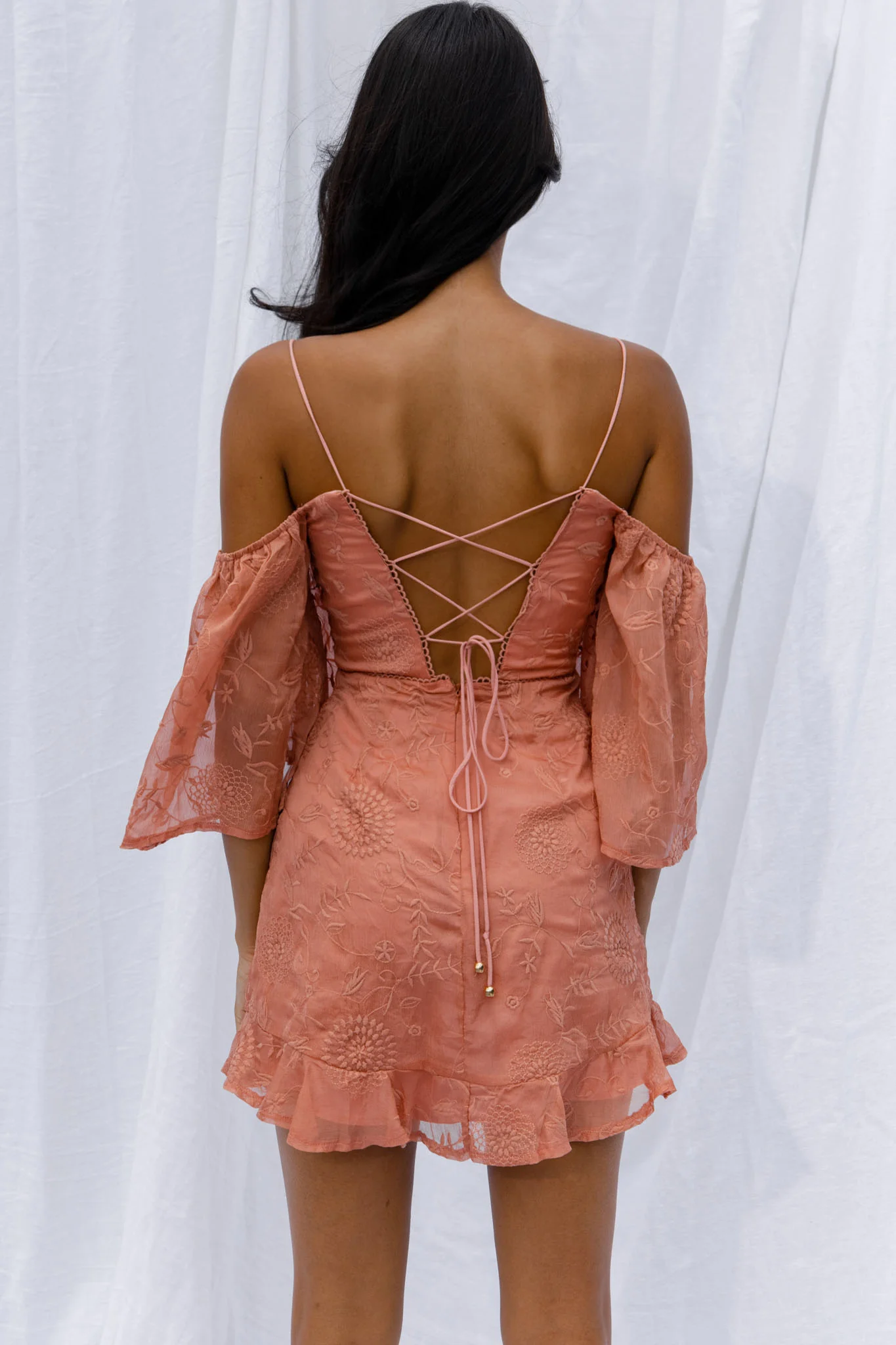 Koda Bell Sleeve Lace-Up Back Mini Dress Peach - Seraphlike