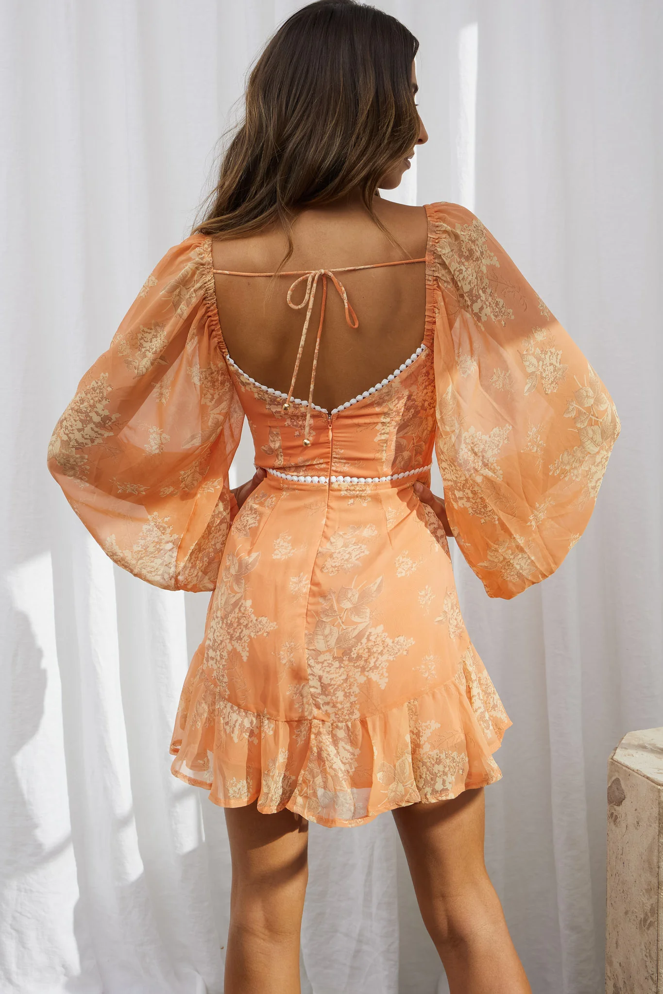 Catch Feelings Sweetheart Neckline Dot Trim Dress Hydrangea Print Orange - Seraphlike