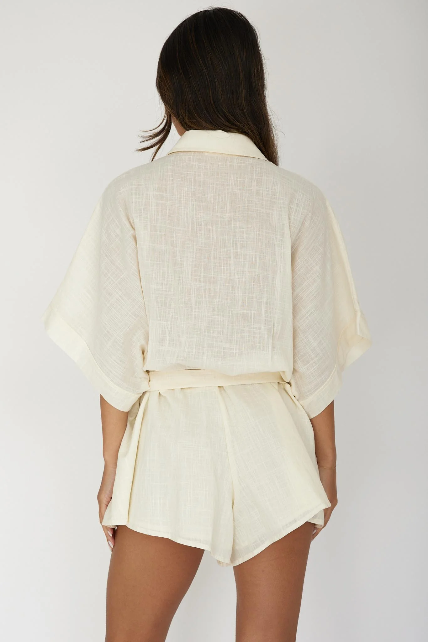 Daytona Beach Button-Up Romper Embroidered Beige - Seraphlike
