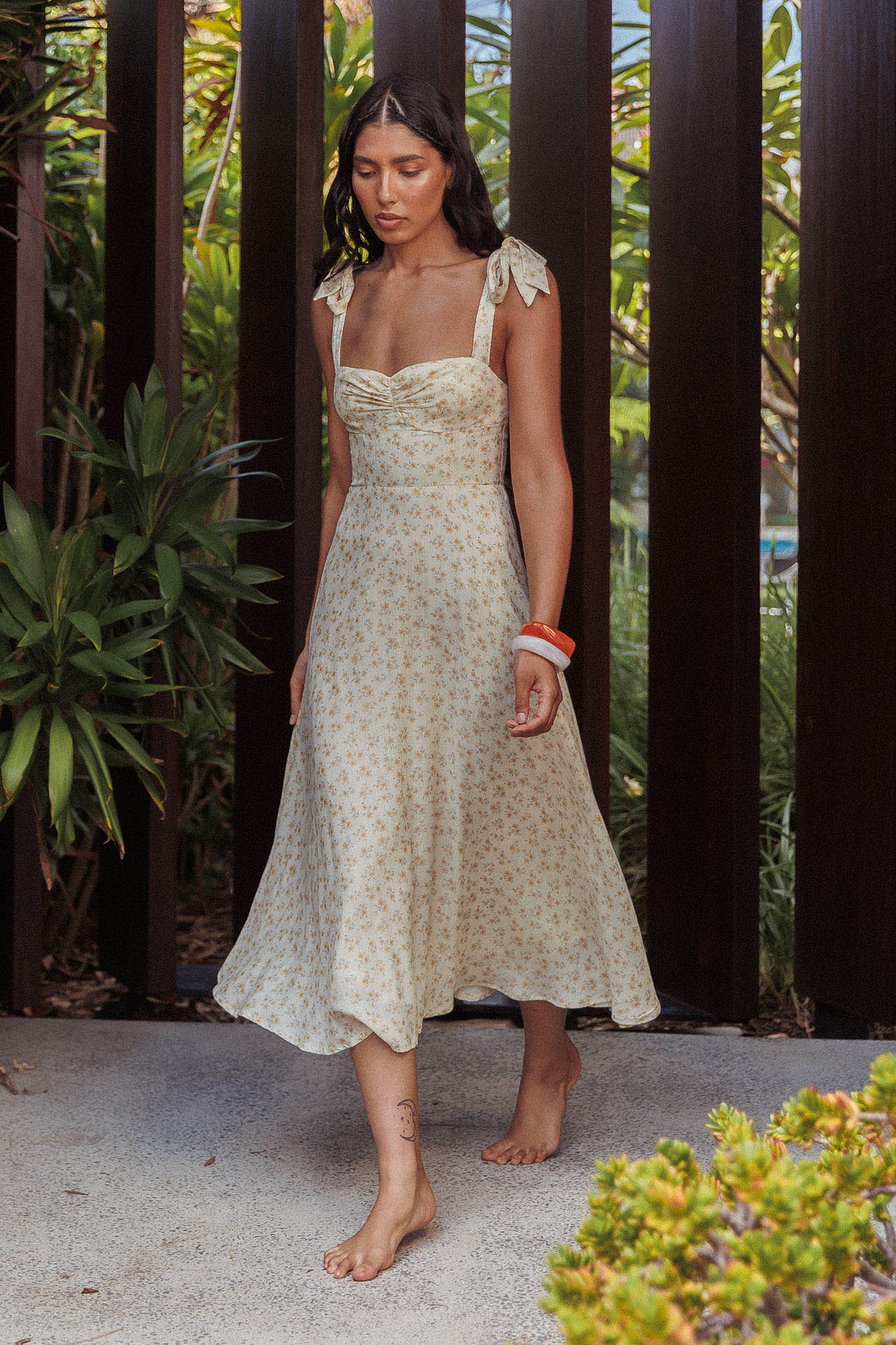 Sweet Pea Floral Tied Straps Midi Dress Yellow - Seraphlike