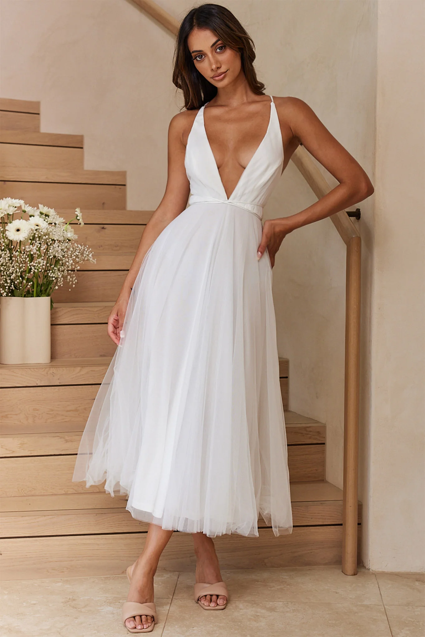 Floating By Plunging Neckline Mesh Overlay Midi Dress White - Seraphlike