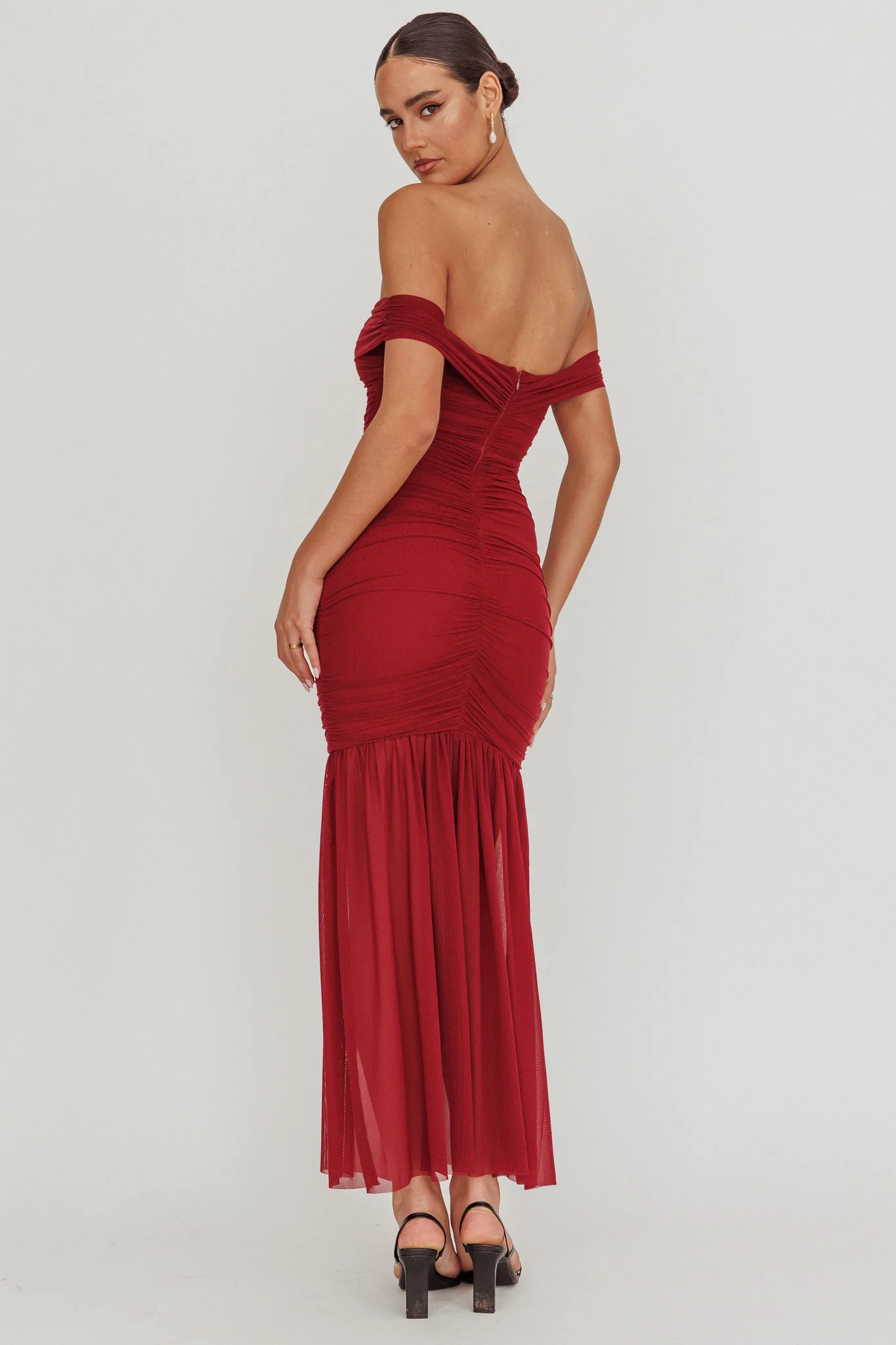 La Salle Off Shoulder Mesh Maxi Dress Wine - Seraphlike