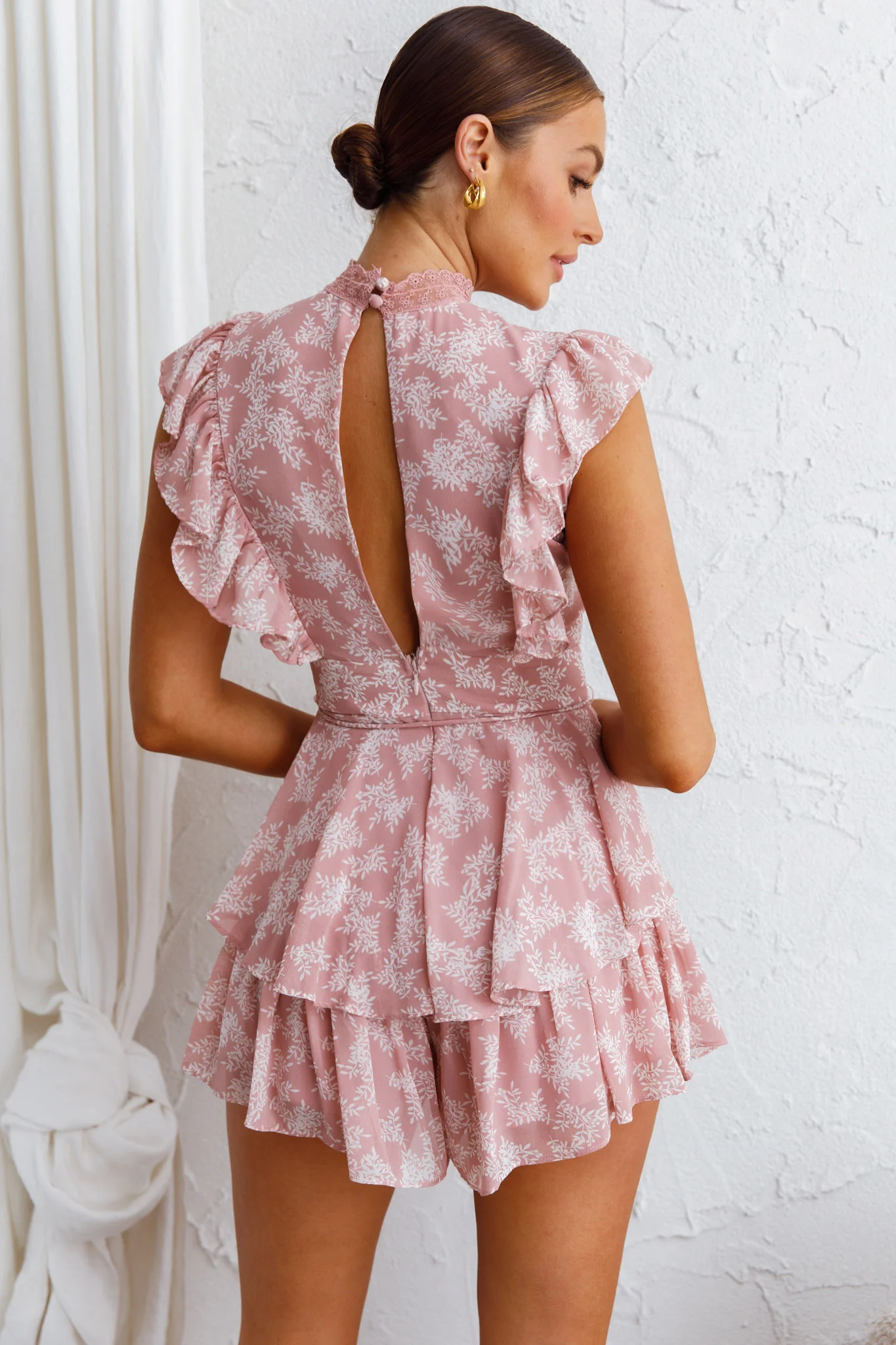 Nellie Lace Bust High Neck Romper Floral Blush - Seraphlike