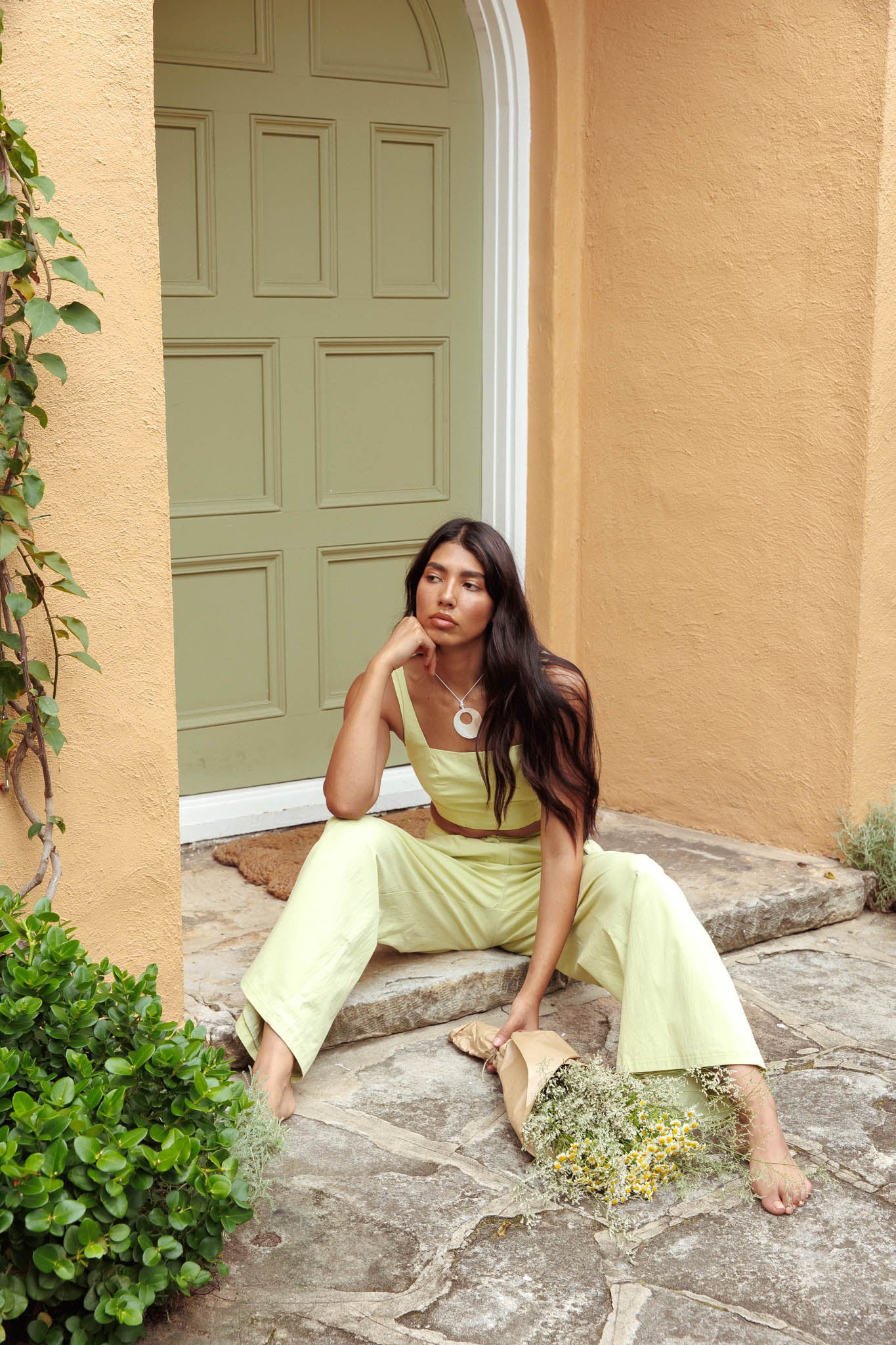 Empire Shirred Back Crop Top Sage - Seraphlike