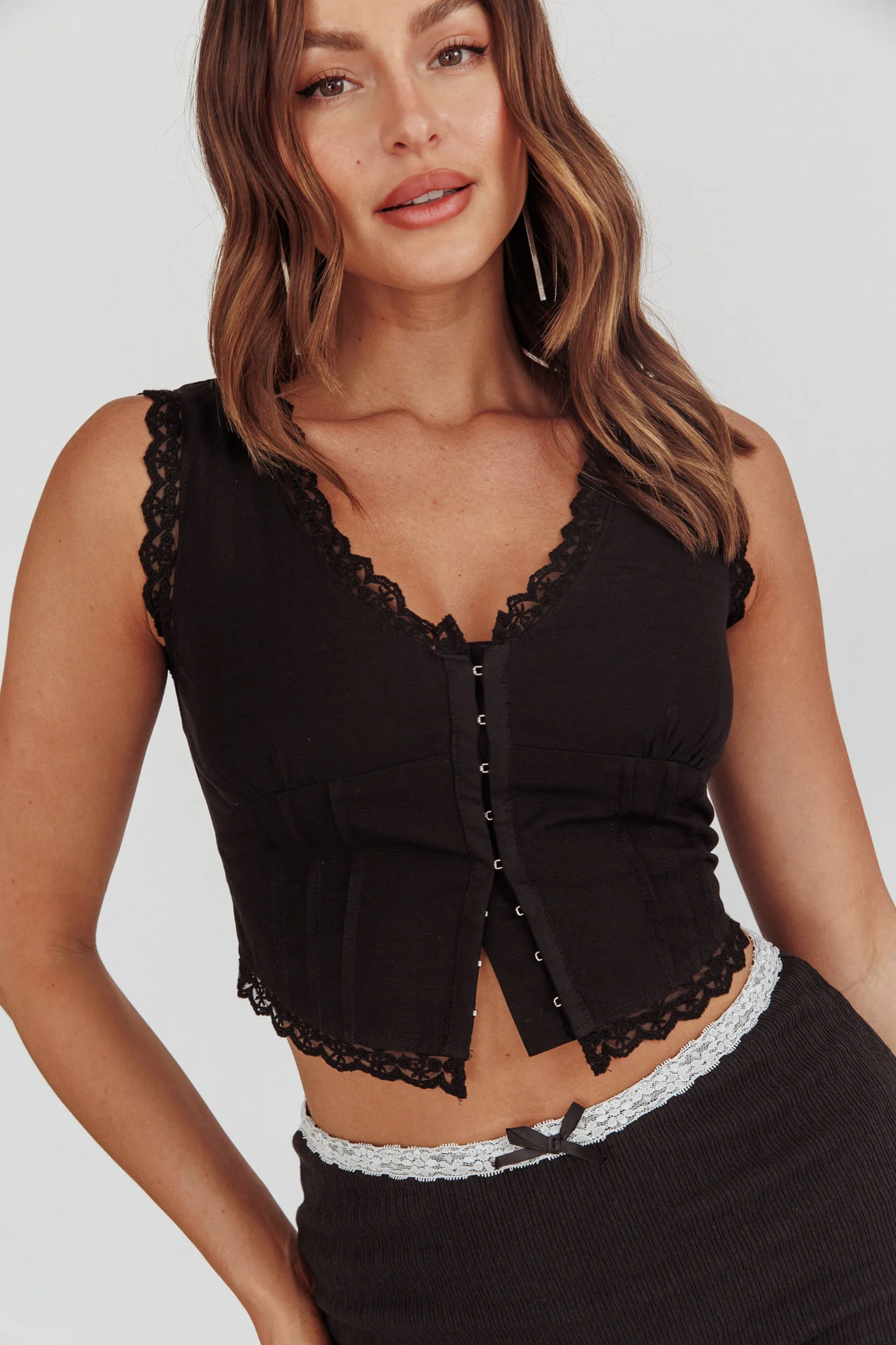 Walkaway Lace Trim Hook & Eye Top Black - Seraphlike