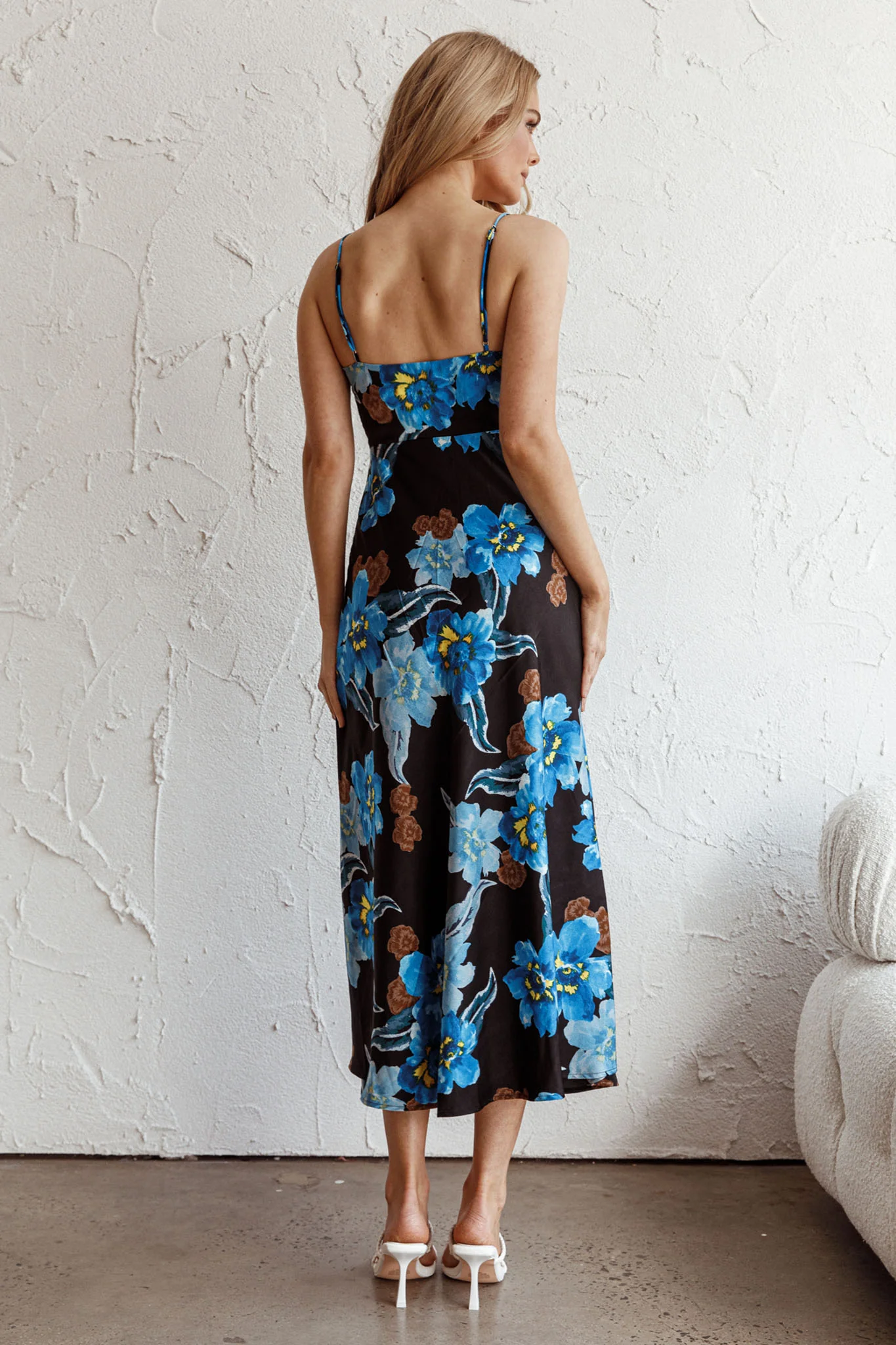 Missoula Cami Strap Padded Bust Midi Dress Flower Blue - Seraphlike