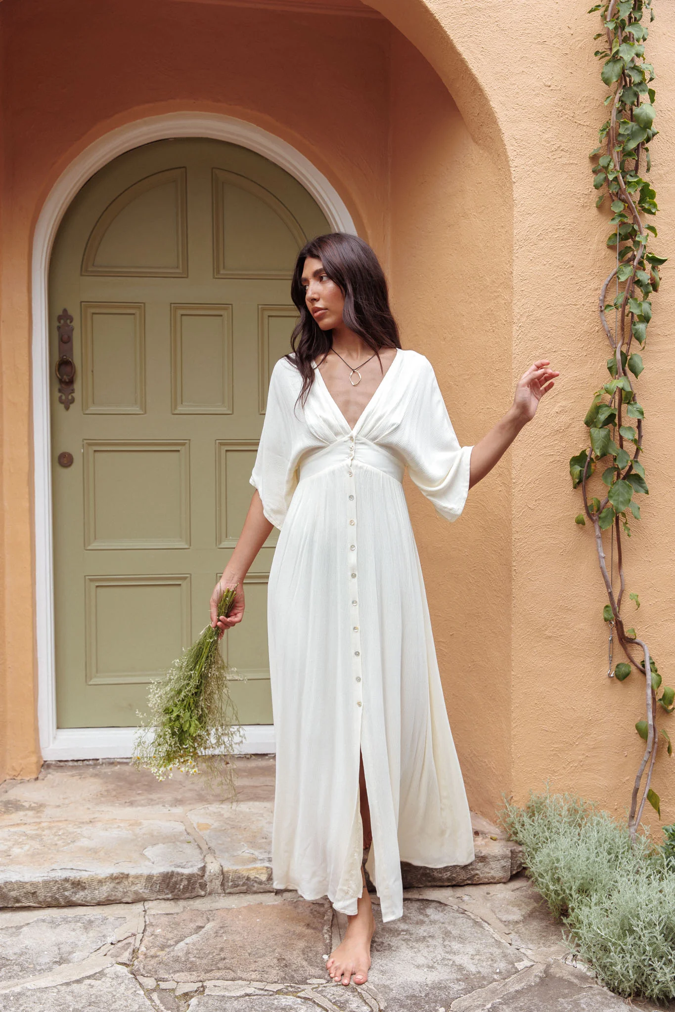 Paradise Found V-Neck Button Maxi Dress Natural - Seraphlike