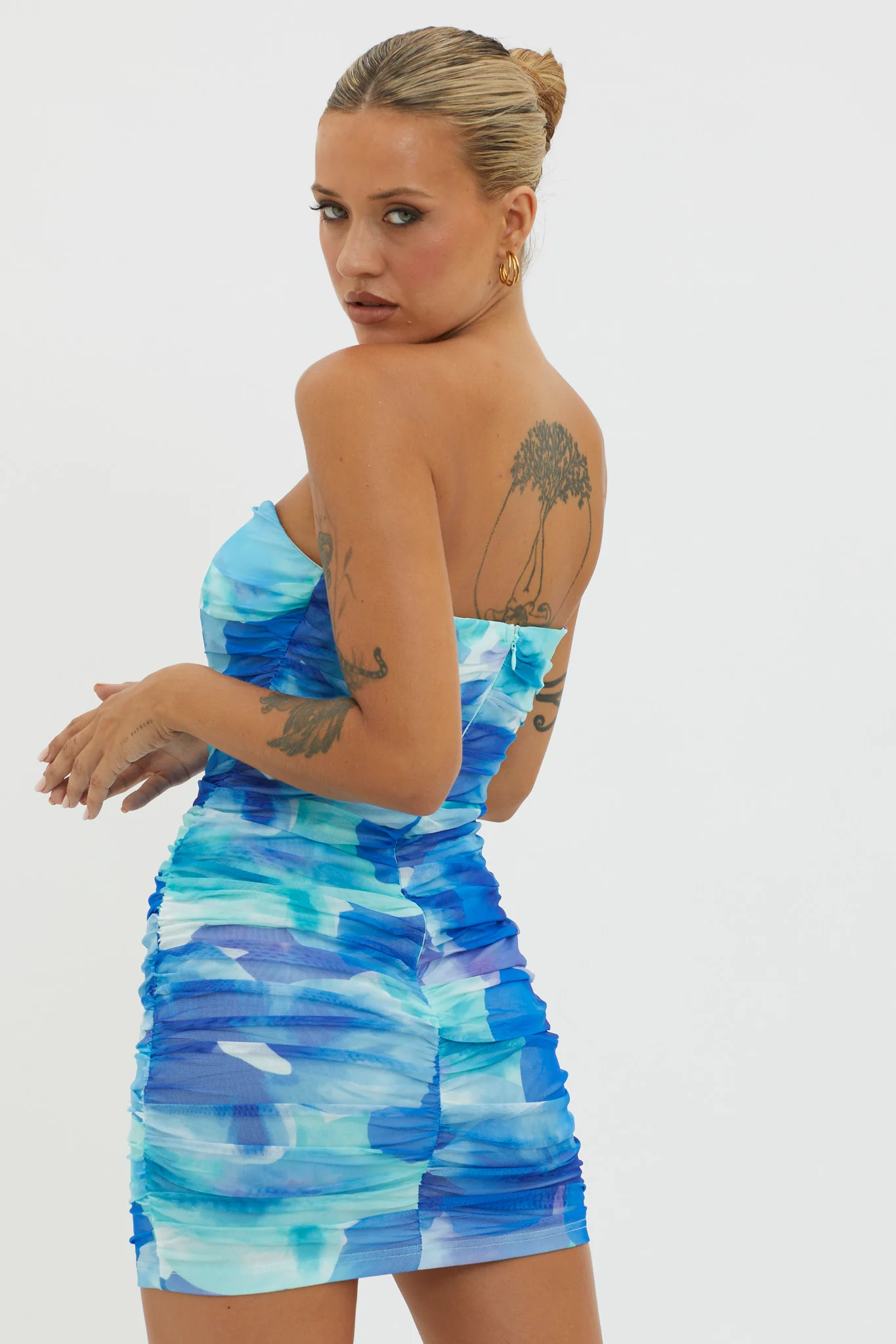 Logan Strapless Ruched Dress Floral Blue - Seraphlike