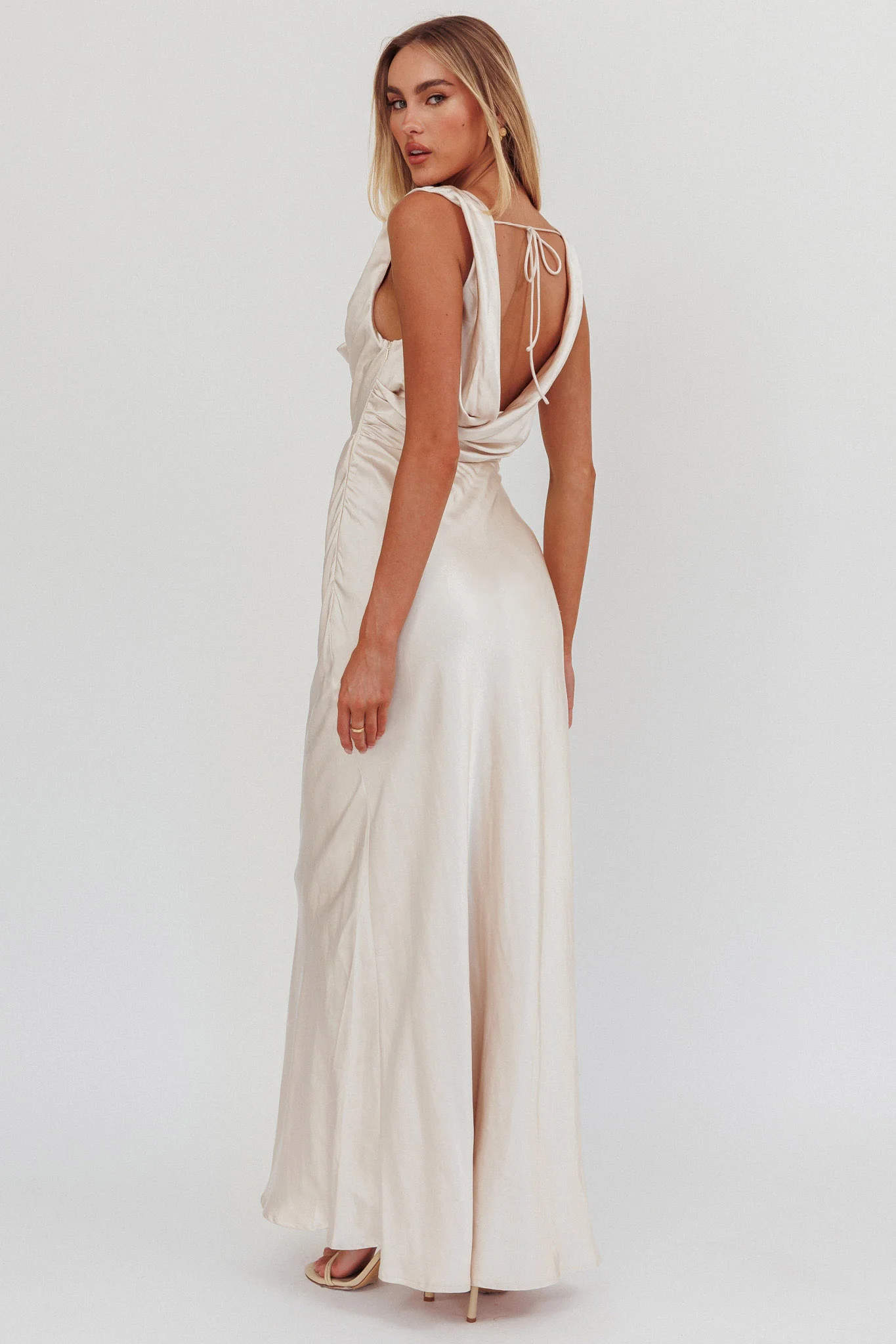 Chills Cowl Neck Satin Maxi Dress Champagne - Seraphlike