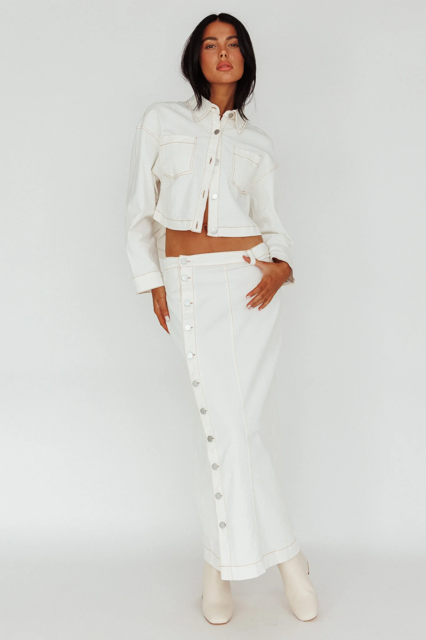 Angelica Side Button-Up Midi Skirt White - Seraphlike