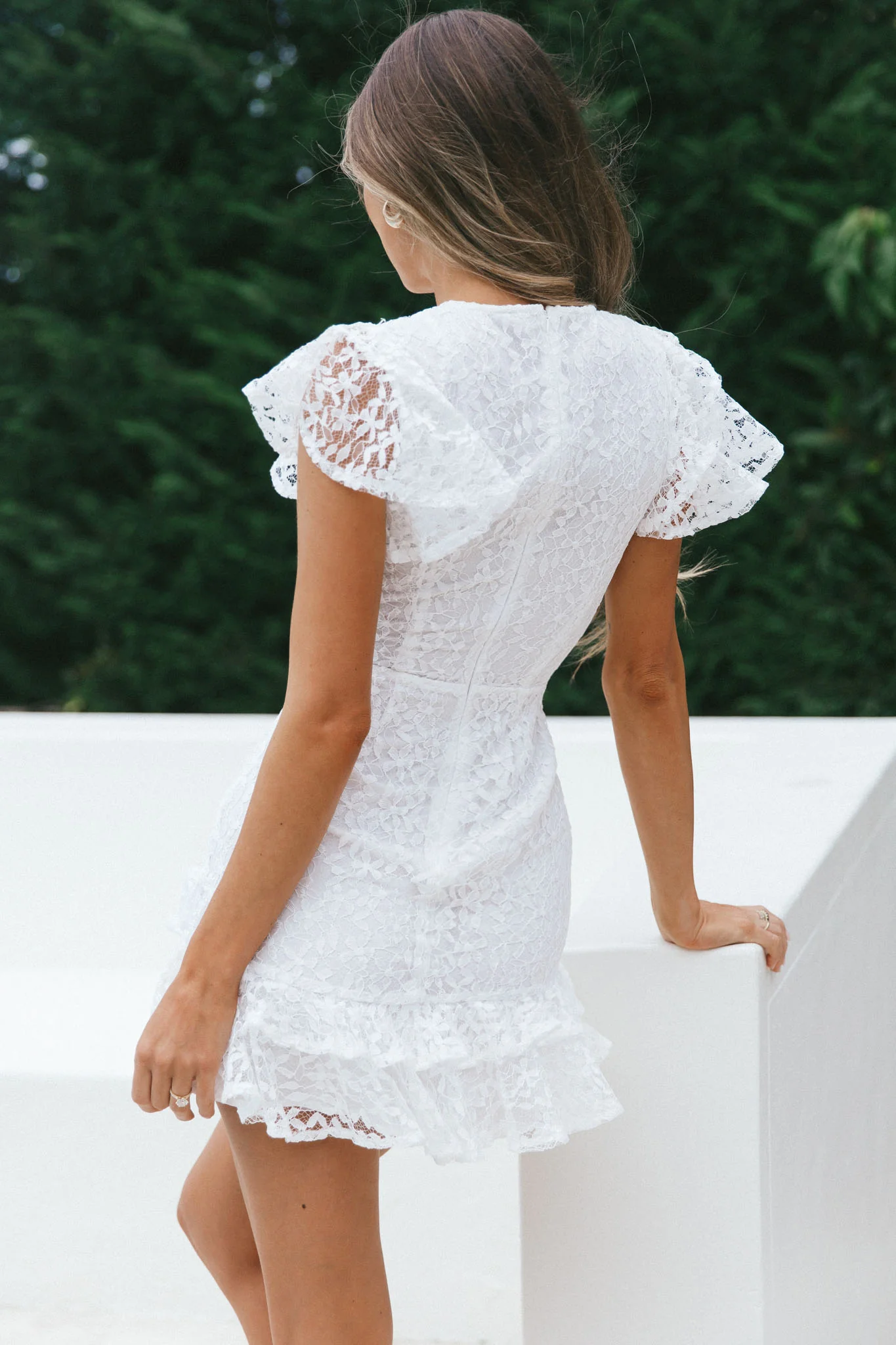 Lark Crew Neck Ruffle Sleeve Dress Lace Overlay White - Seraphlike