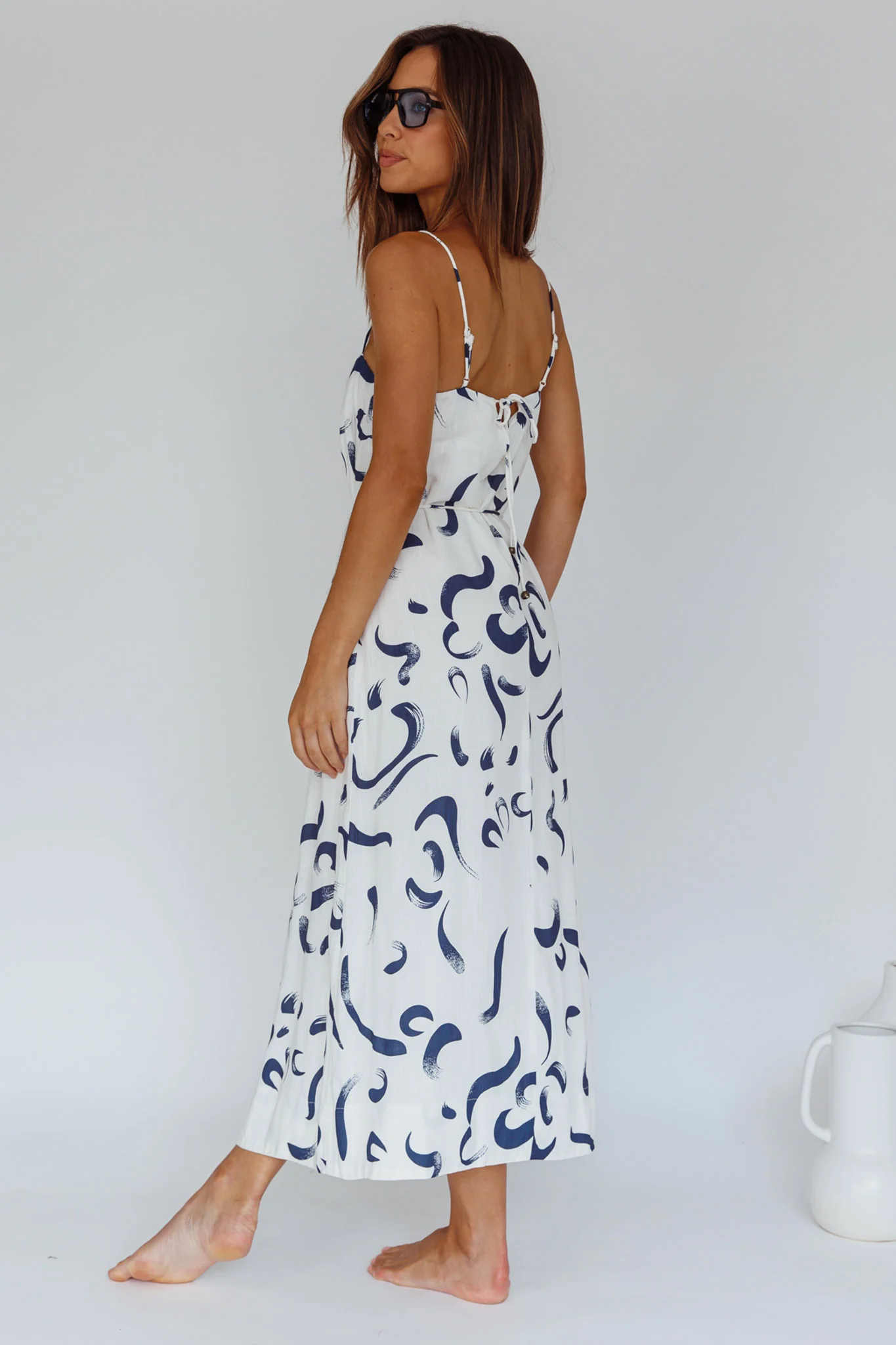 Rossy Waist Tie Midi Dress Printed Navy - Seraphlike