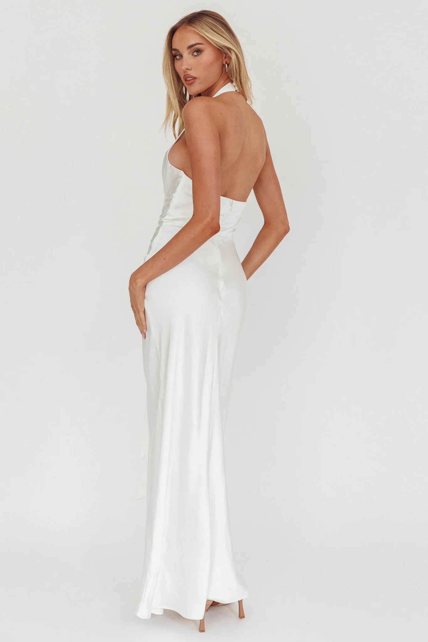 Make Believe Plunging Halterneck Maxi Dress Oyster - Seraphlike