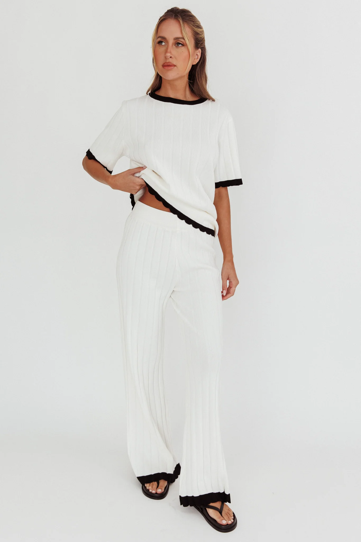 Liloh Contrast Trim Ribbed Knit Pants White - Seraphlike