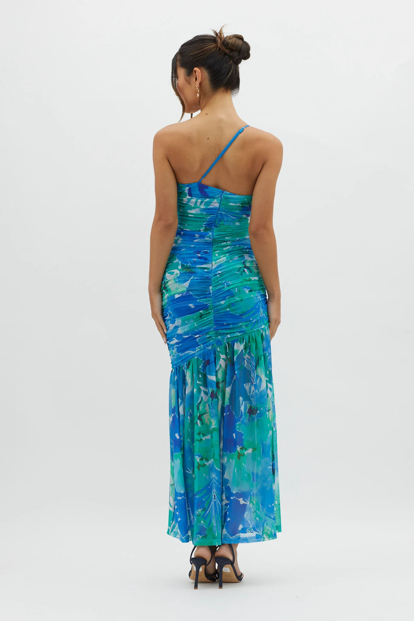 Golden Sun One-Shoulder Ruched Maxi Dress Green - Seraphlike