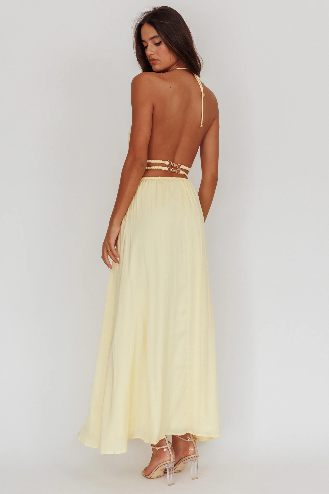 Cyndi Open Back Halterneck Maxi Dress Light Yellow - Seraphlike