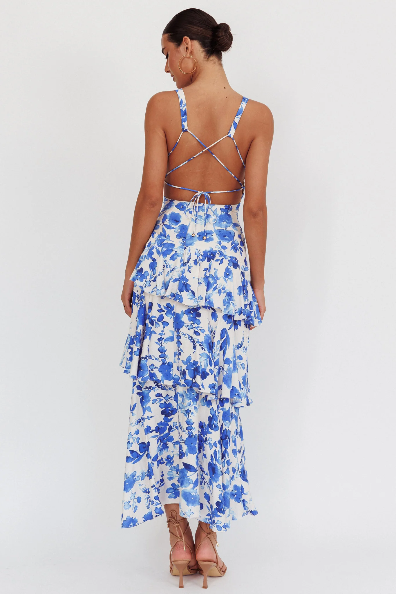 Veda Strappy Back Ruffle Maxi Dress Floral Blue - Seraphlike