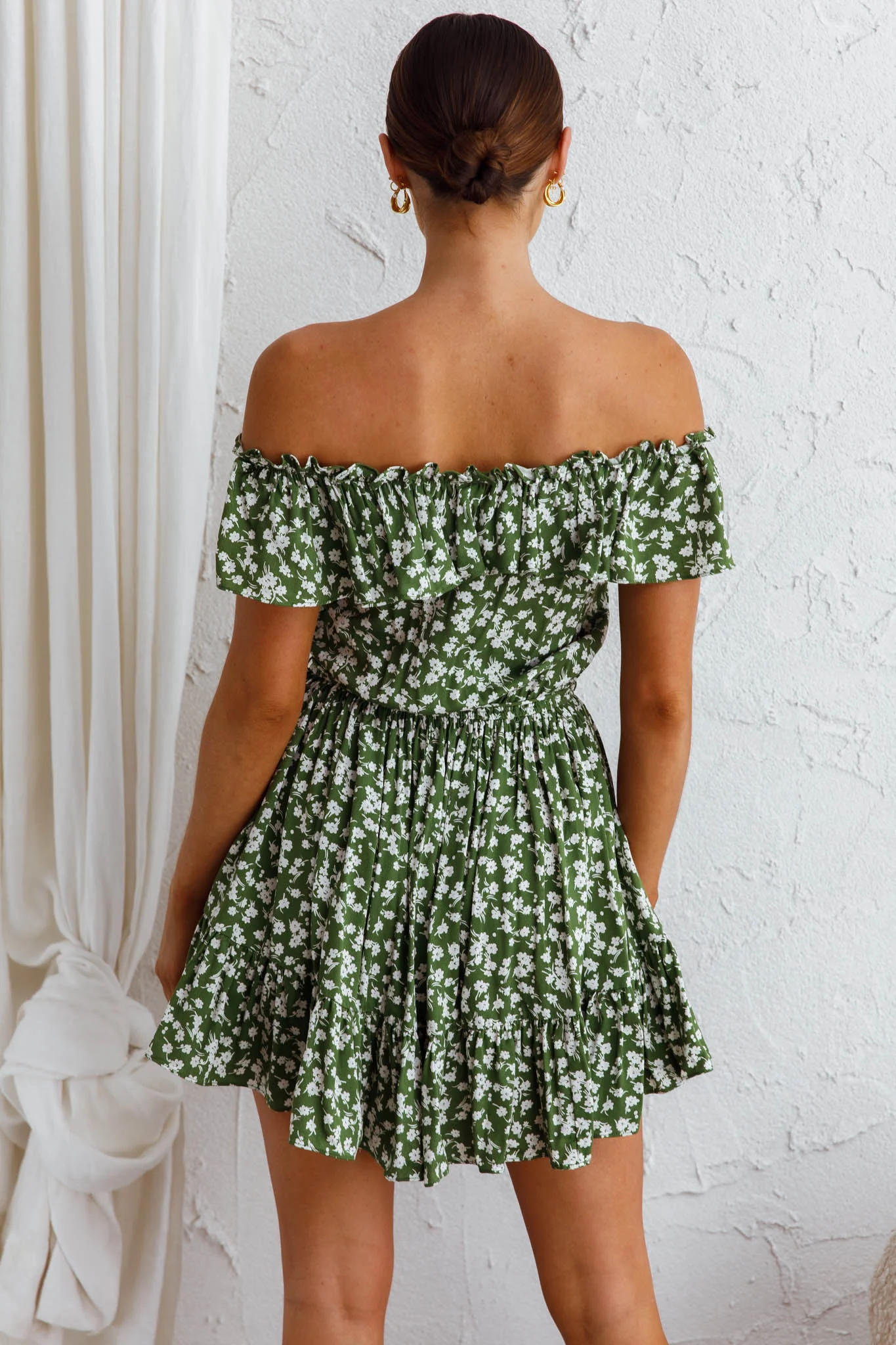 Andie Off-Shoulder Frill Dress Floral Green - Seraphlike