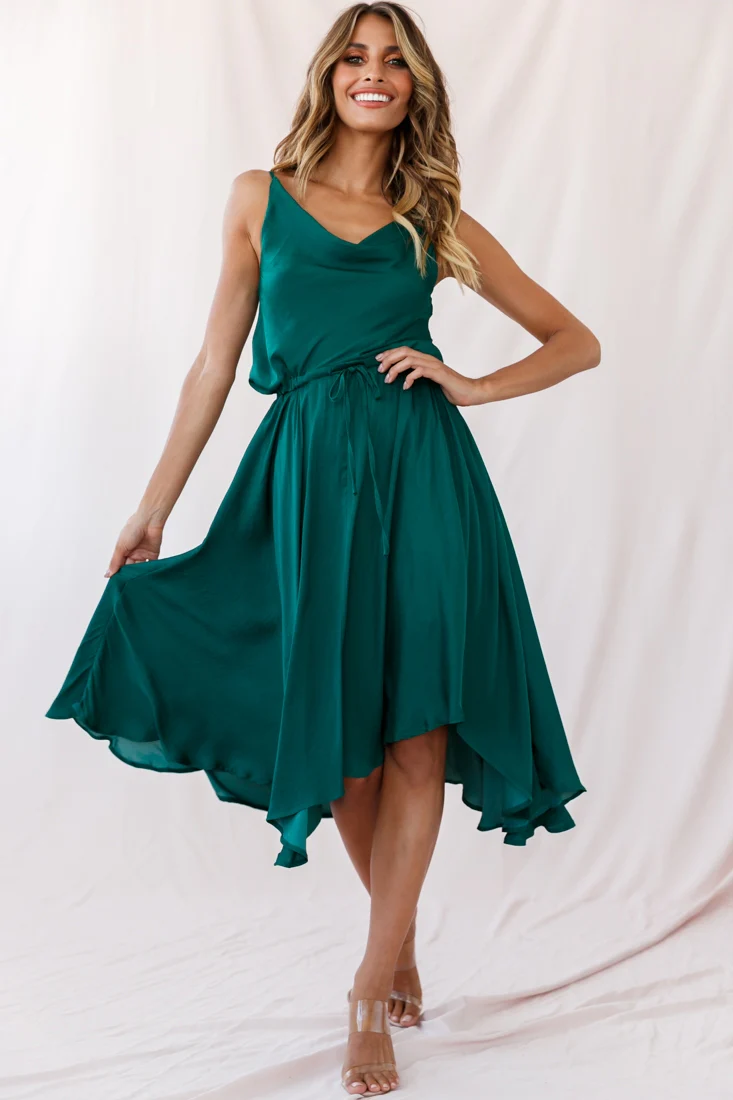 Ava Cowl Neck Drawstring Midi Dress Forest Green - Seraphlike