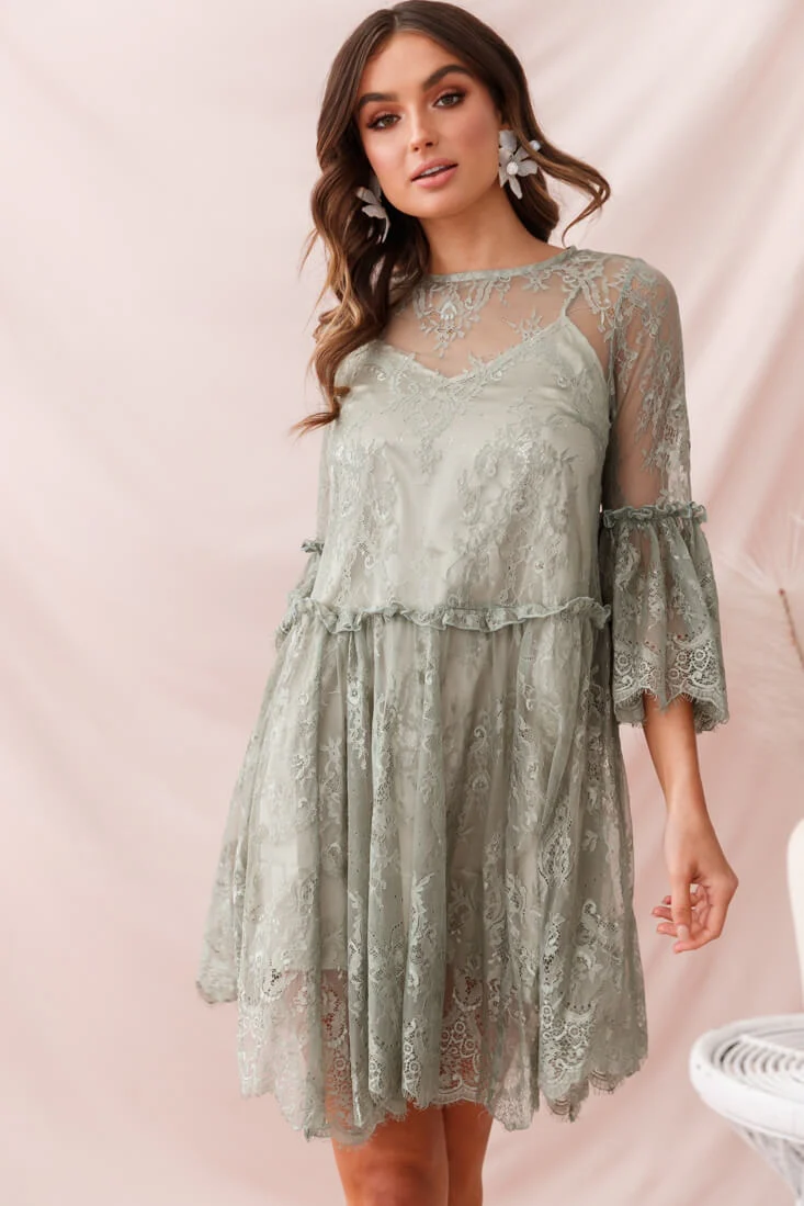 Birdie Lace Overlay Swing Dress Pistachio - Seraphlike