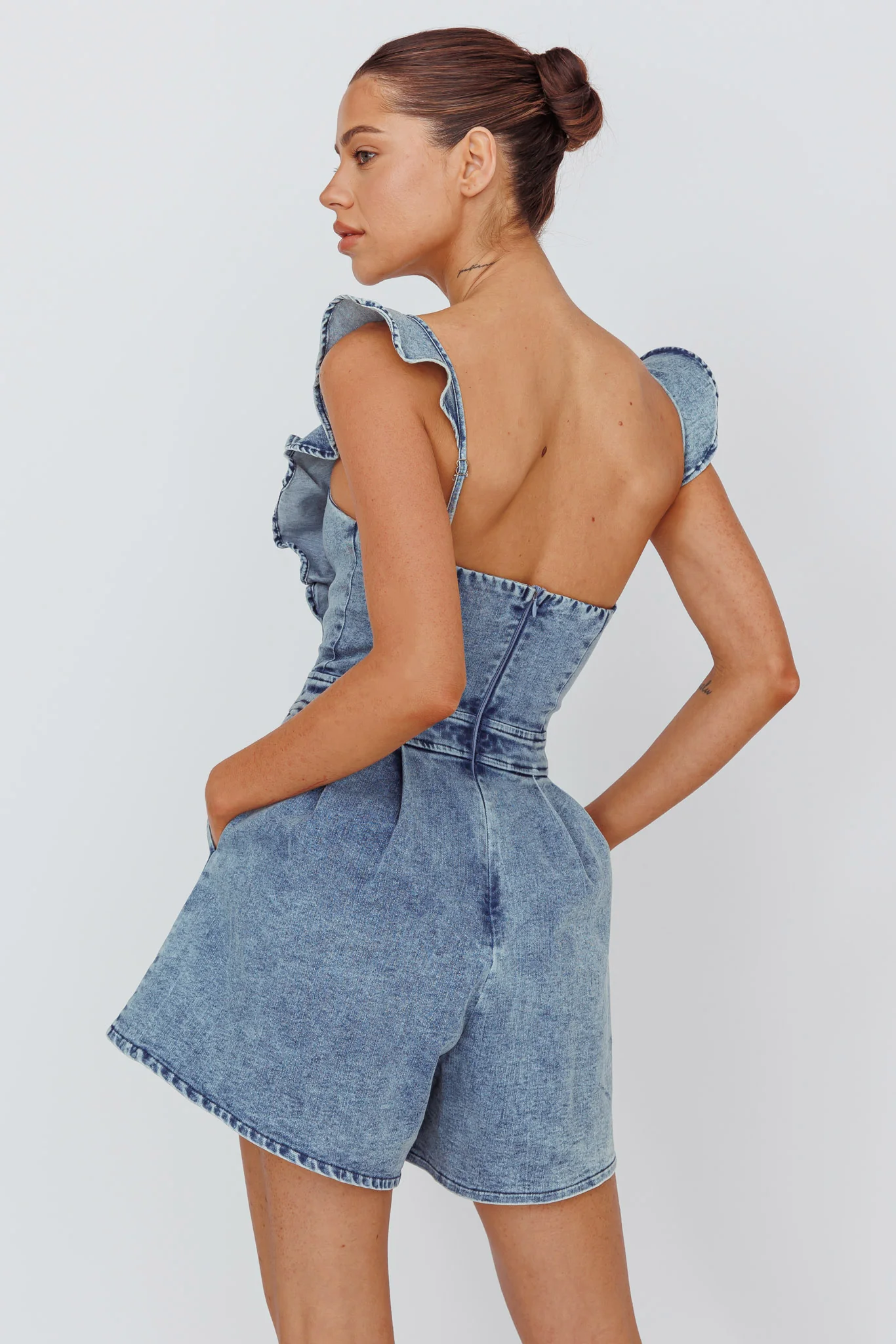 Nola Flared Ruffle Romper Denim - Seraphlike