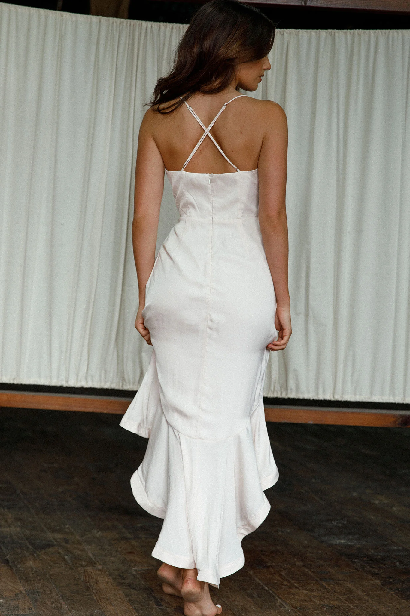 Dream Of Me Split Front Ruffle Midi Dress Bone - Seraphlike