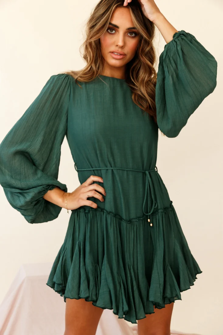 Rosabel Balloon Sleeve Fluted Hem Dress Green - Seraphlike