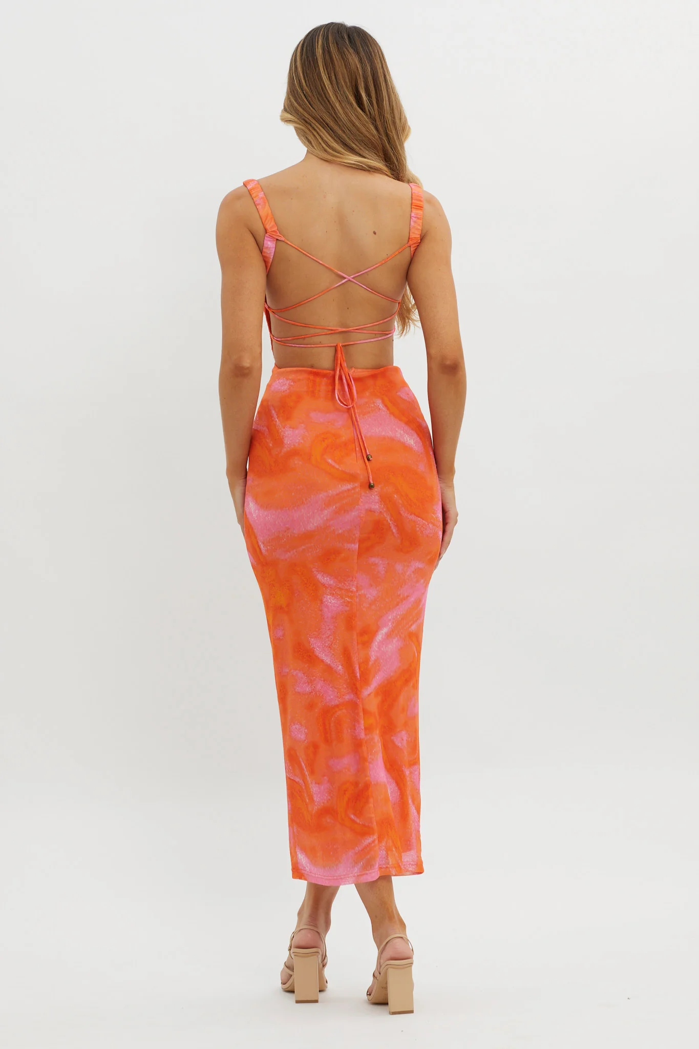 Dream Crush Lace-Up Back Side Split Maxi Dress Swirl Orange - Seraphlike