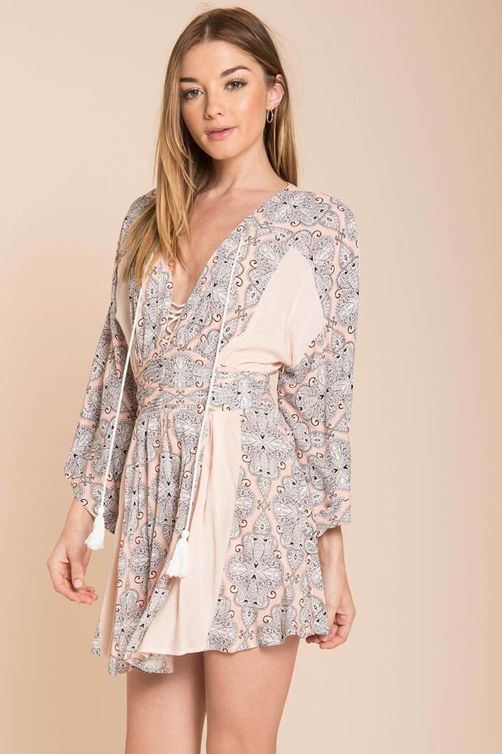 Brielle Bell Sleeve Summer Dress Peach Print - Seraphlike