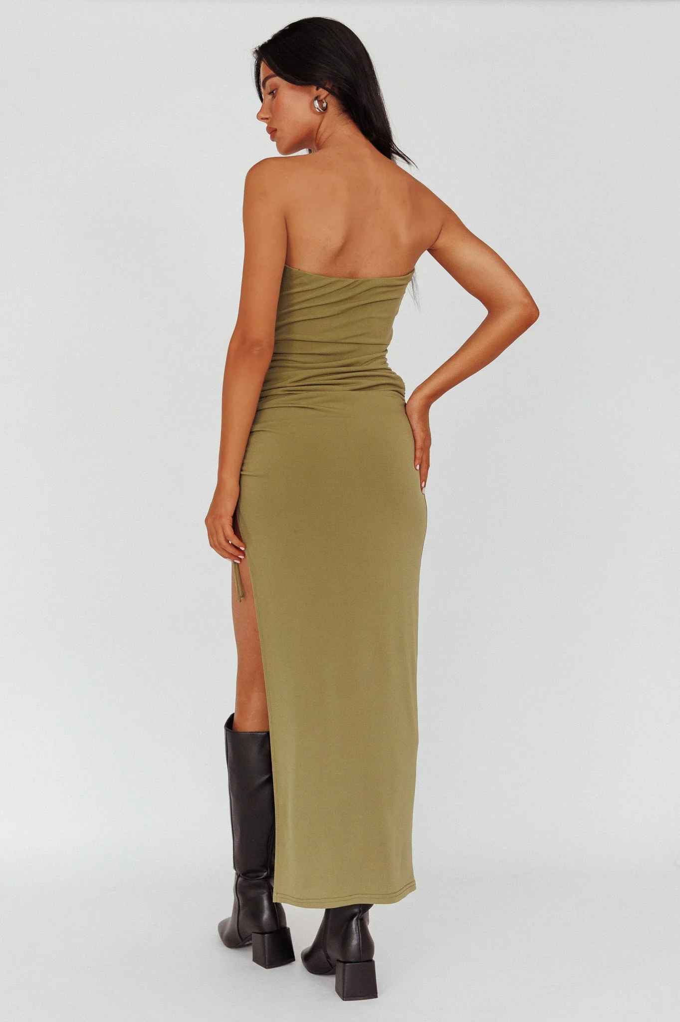 Affections Drawstring Ruched Split Maxi Dress Khaki - Seraphlike