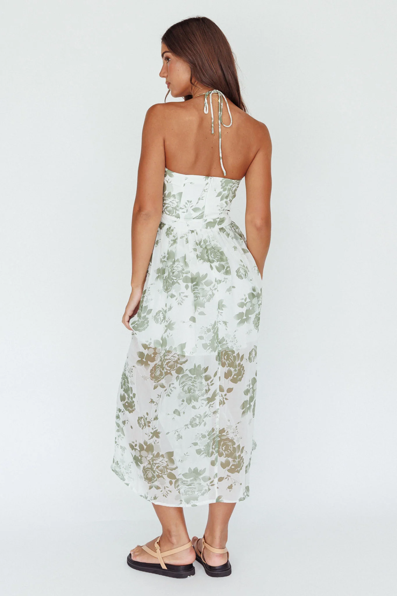 Los Feliz Tied Bust Halterneck Midi Dress Floral Green - Seraphlike